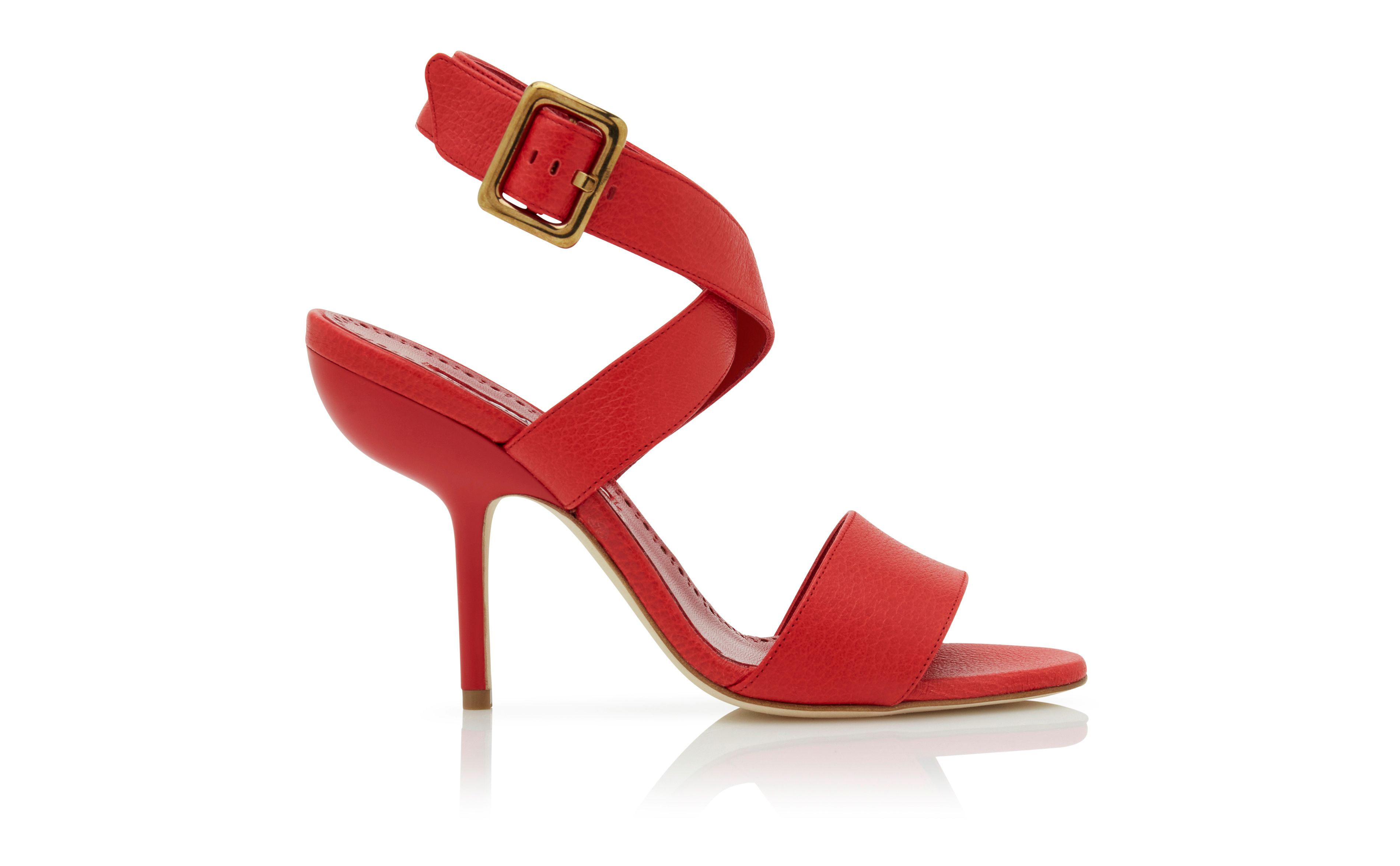 Designer Red Calf Leather Ankle Strap Sandals - Image Side View