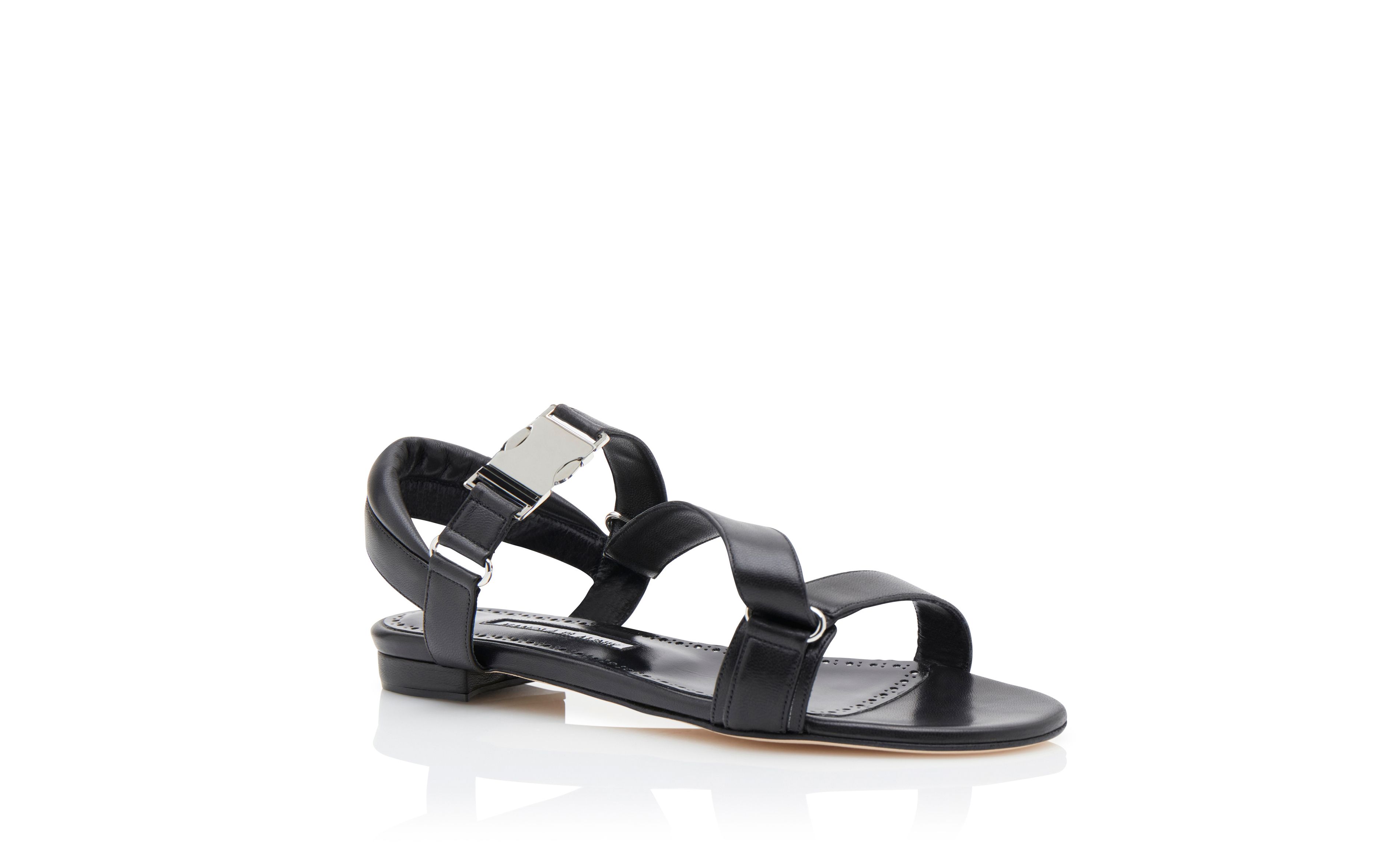 PUXANFLAT | Black Nappa Leather Buckle Detail Flat Sandals