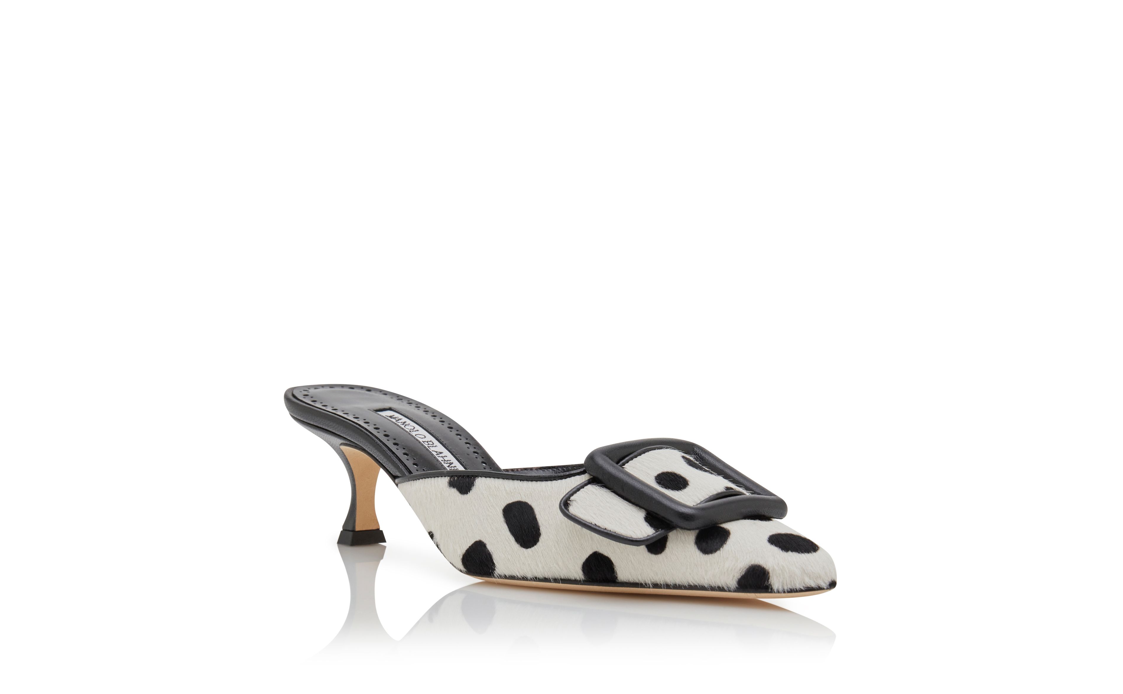 MAYSALEBI White and Black Calf Hair Buckle Detail Mules Manolo Blahnik