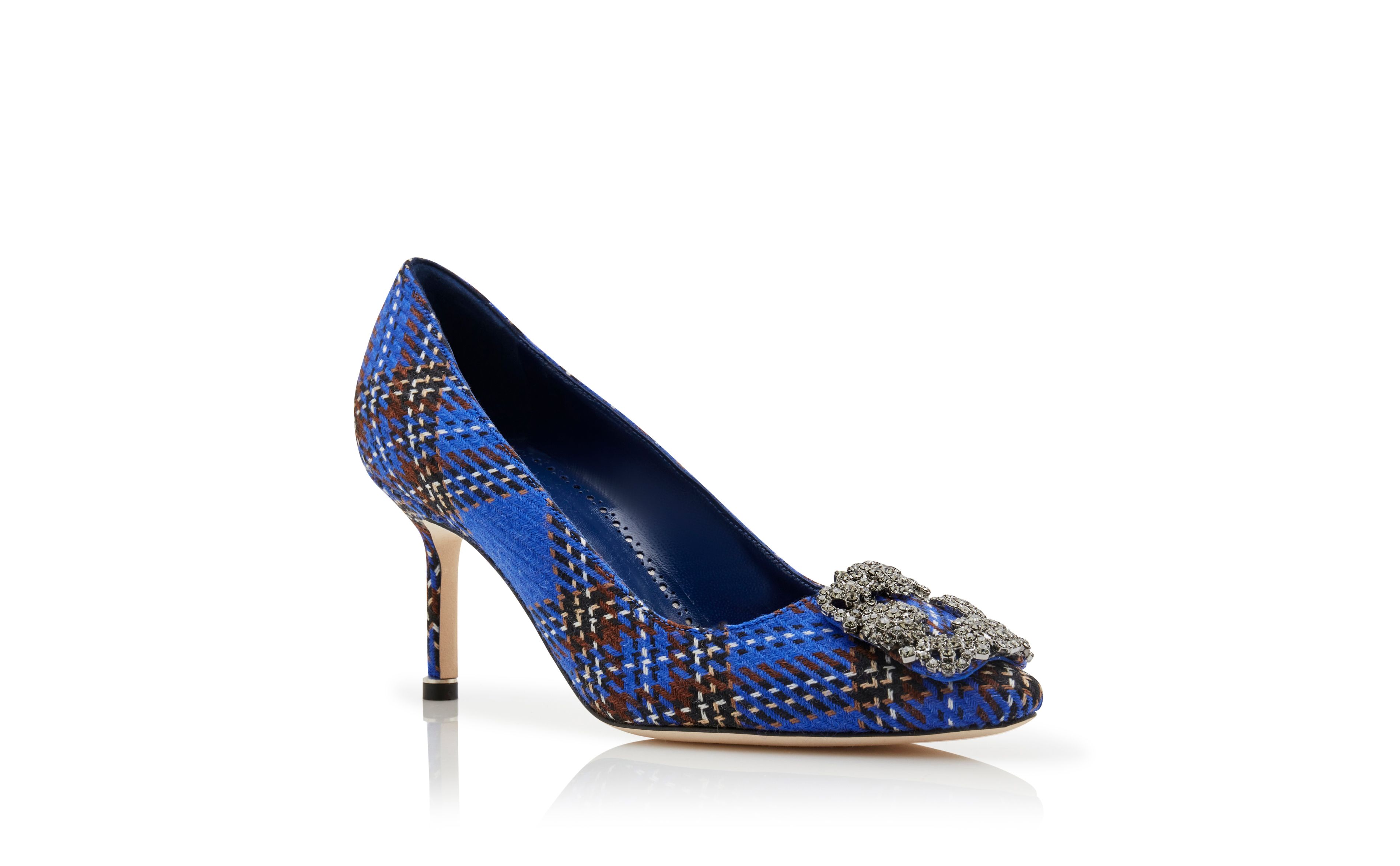 Designer Blue Wool Tartan Jewel Buckle Pumps - Image Upsell