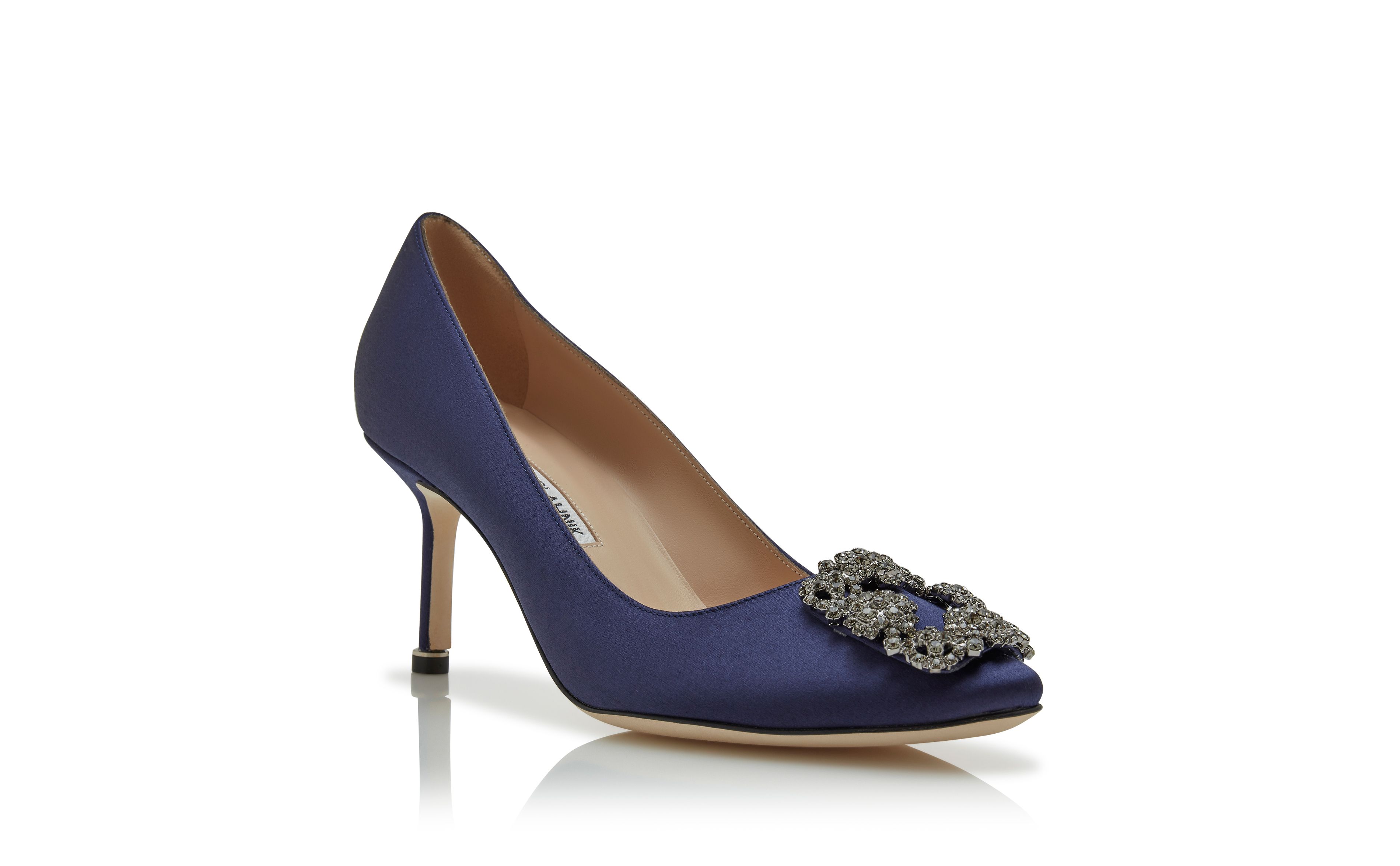 Designer Navy Blue Satin Jewel Buckle Pumps - Image Upsell