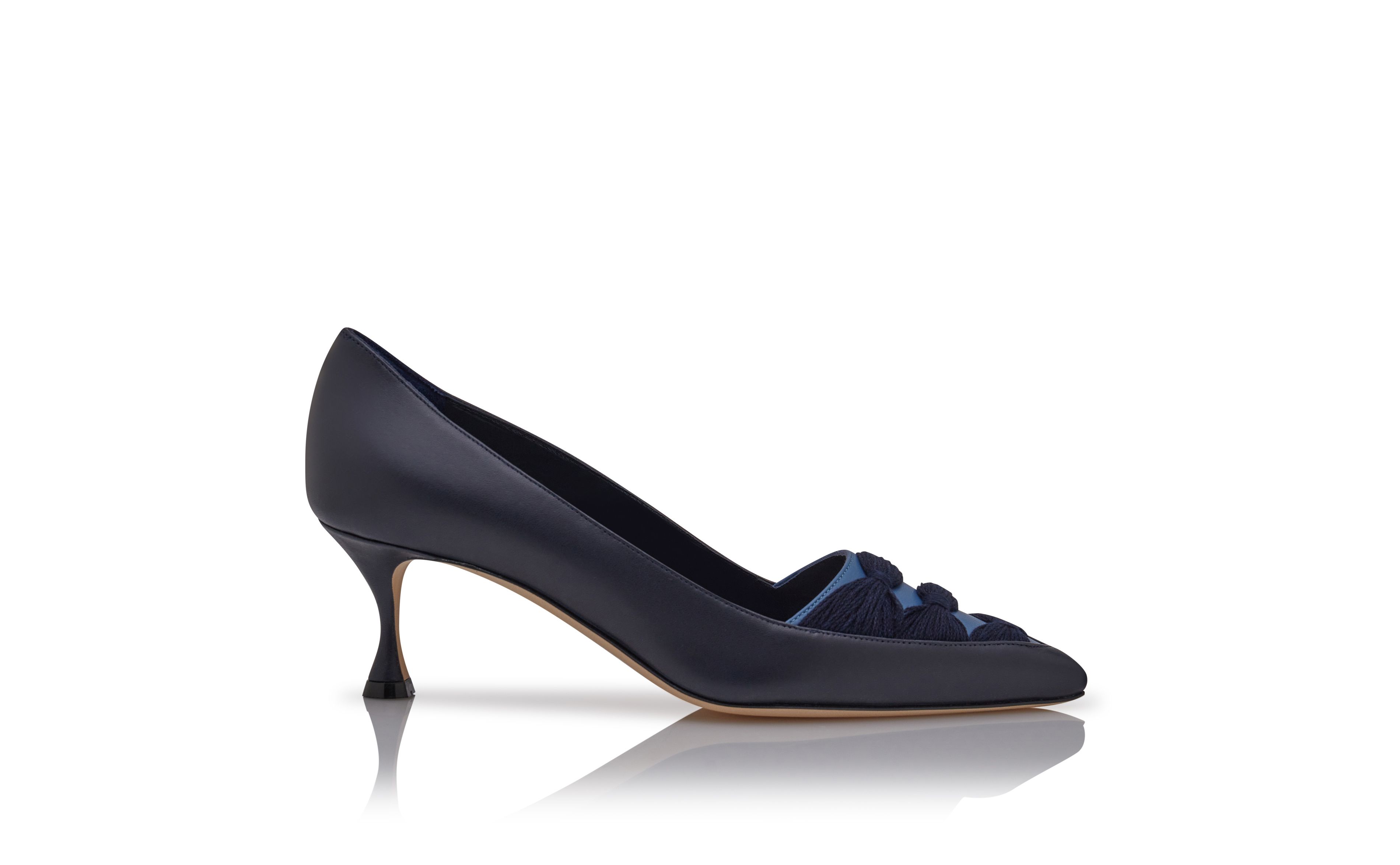 Designer Navy Blue Nappa Leather Ruched Pumps  - Image Side View