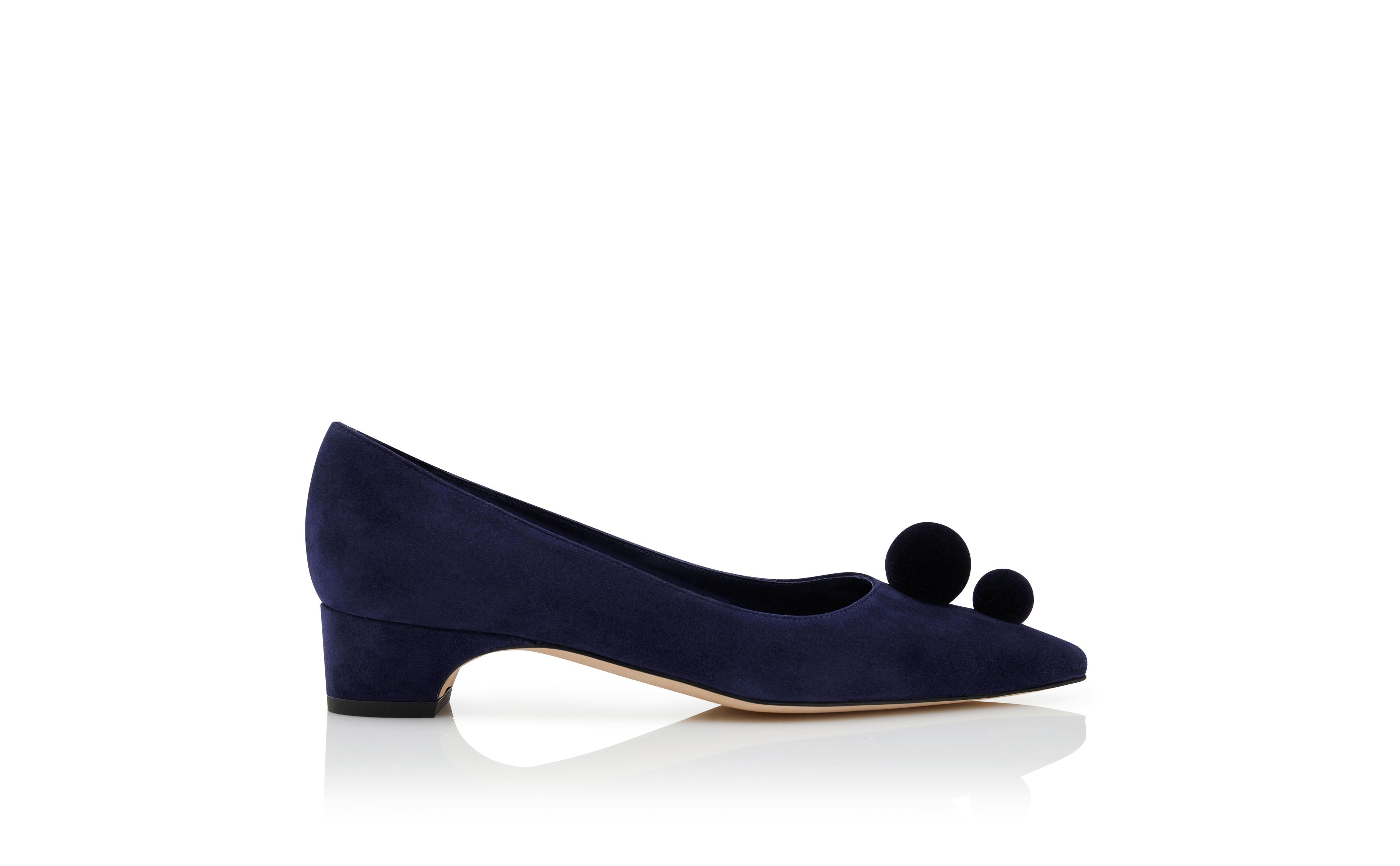 Designer Navy Blue Suede Pom Pom Detail Pumps - Image Side View