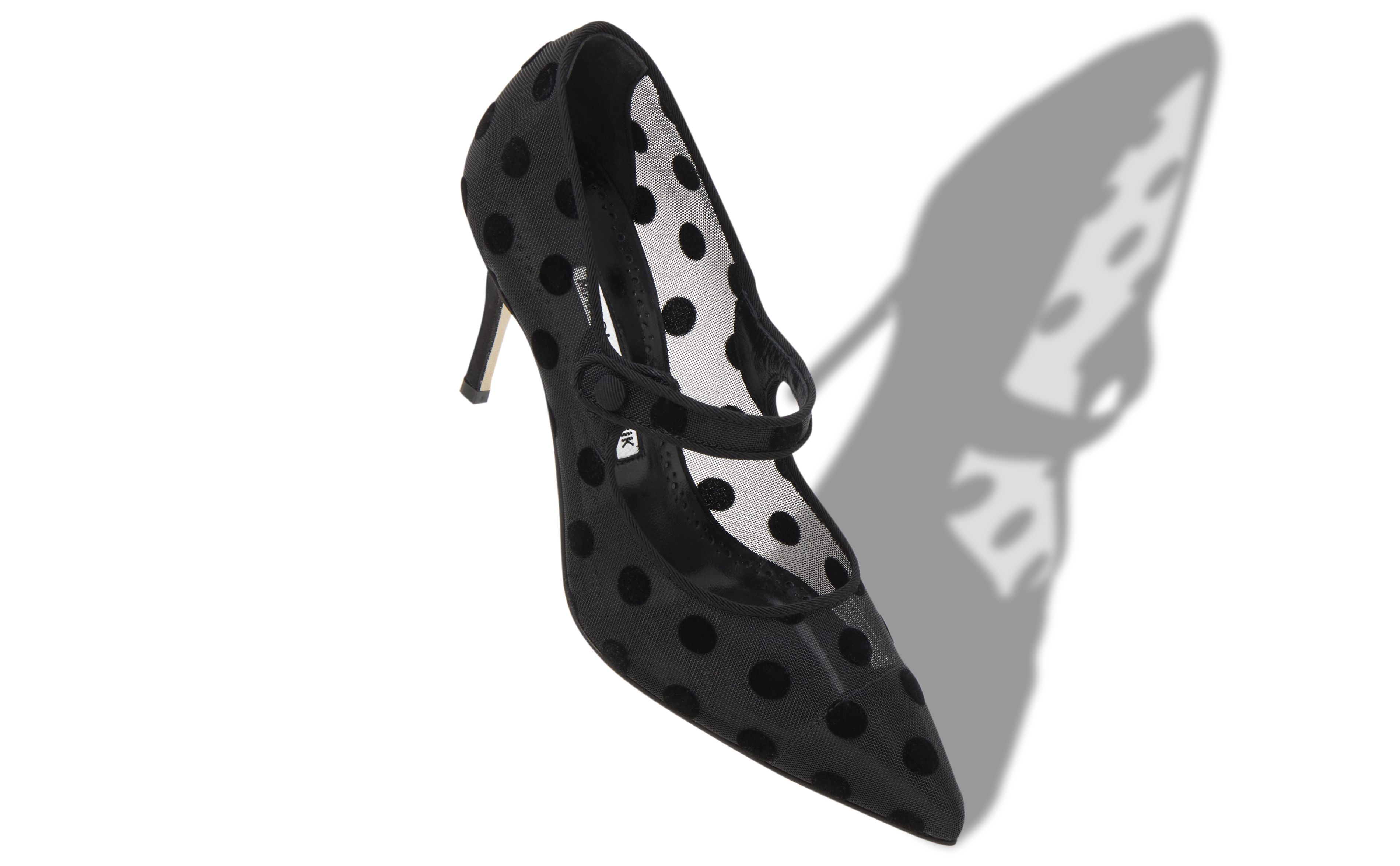 Designer Black Mesh Polka Dot Pointed Toe Pumps - Image small_image