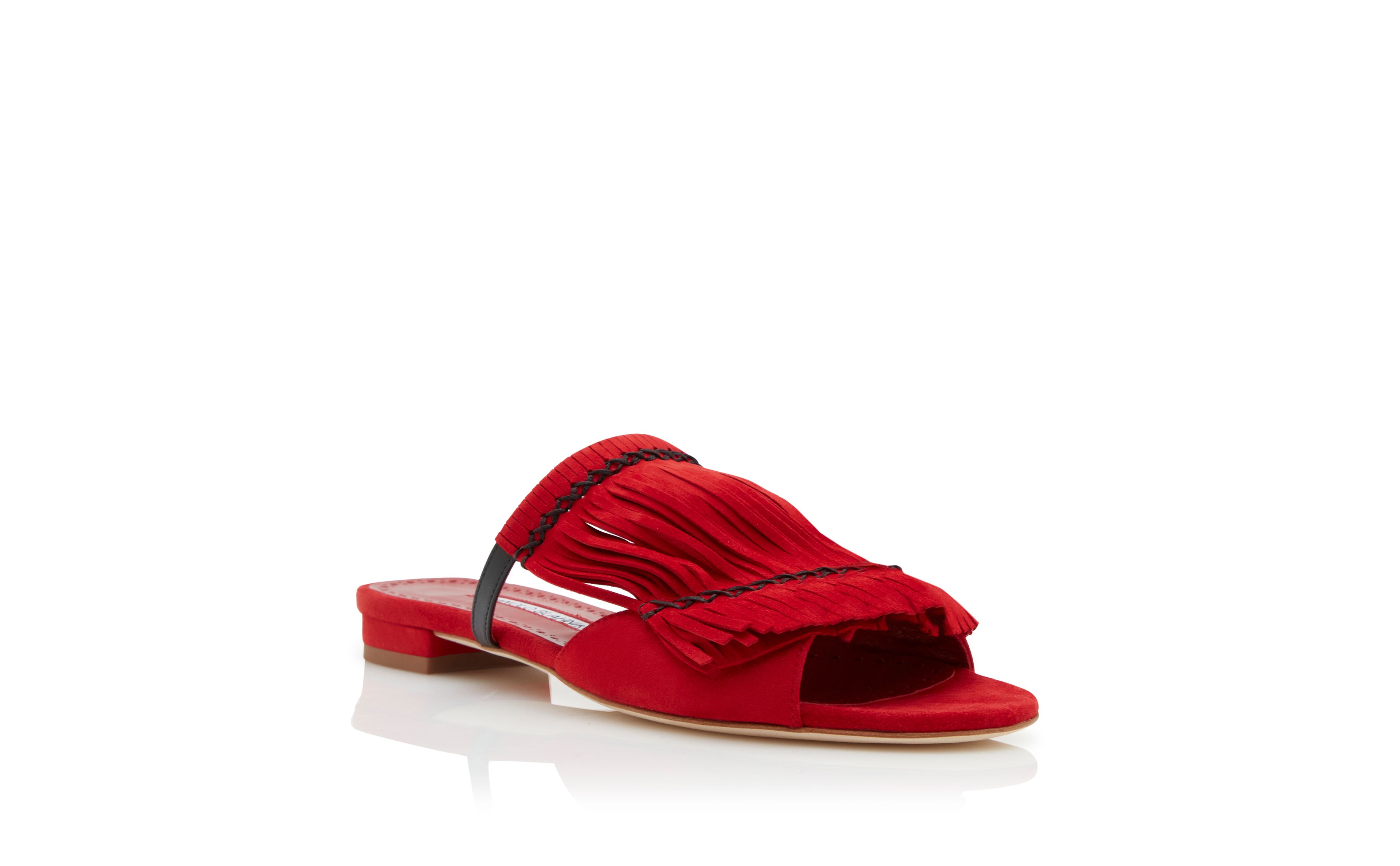 Designer Red Suede Fringe Detail Flat Sandals   - Image Upsell