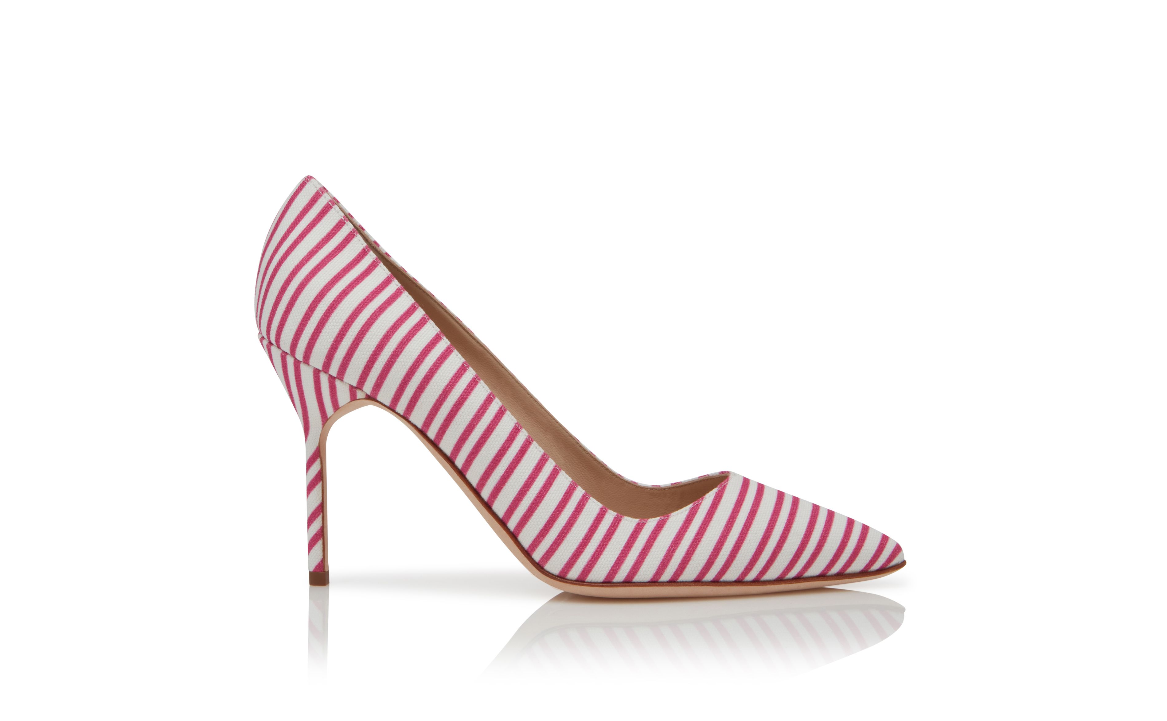 Designer Pink Cotton Striped Pointed Toe Pumps  - Image Side View