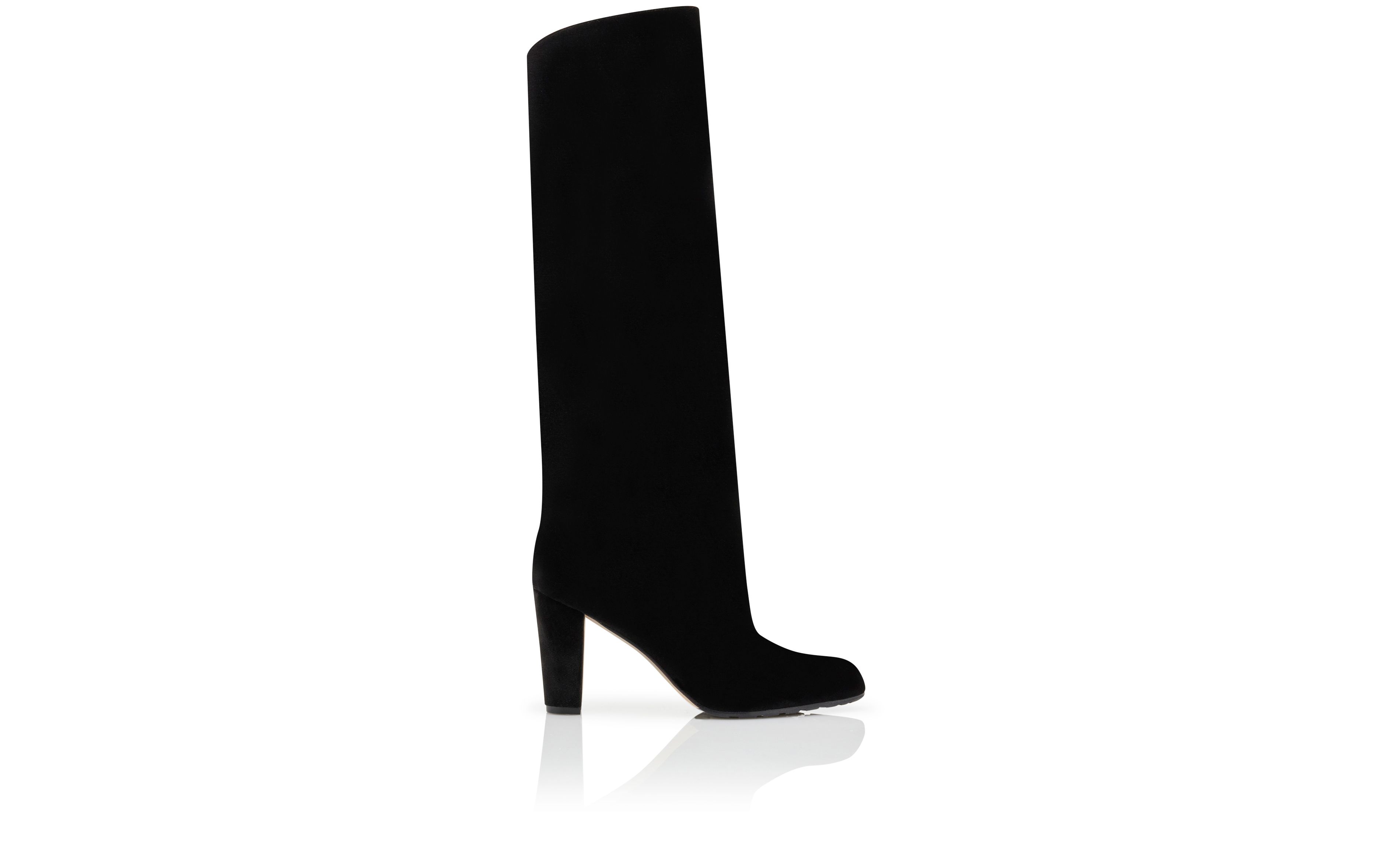 Designer Black Velvet Knee High Boots - Image Side View