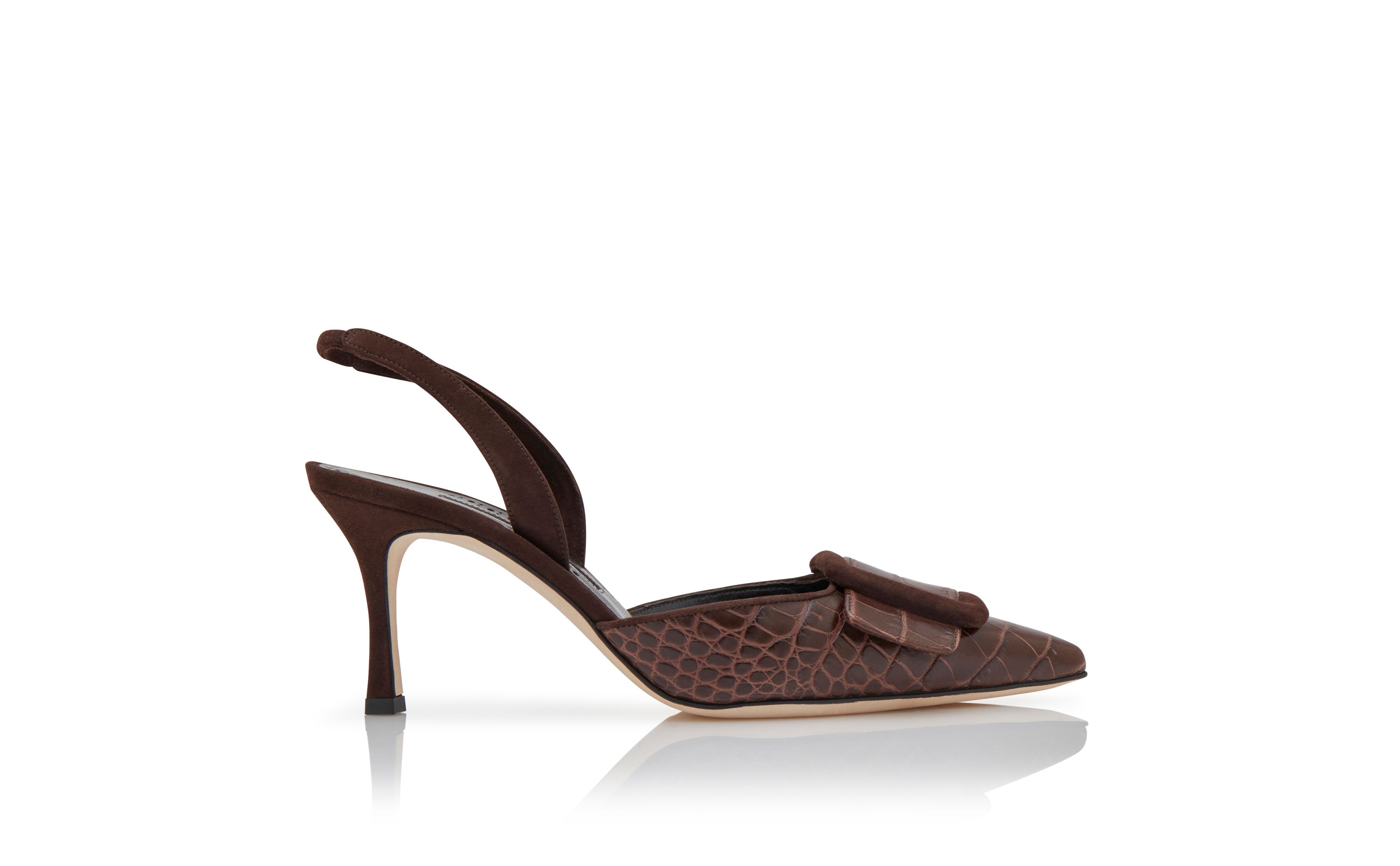 Designer Brown Calf Leather Slingback Pumps - Image Side View