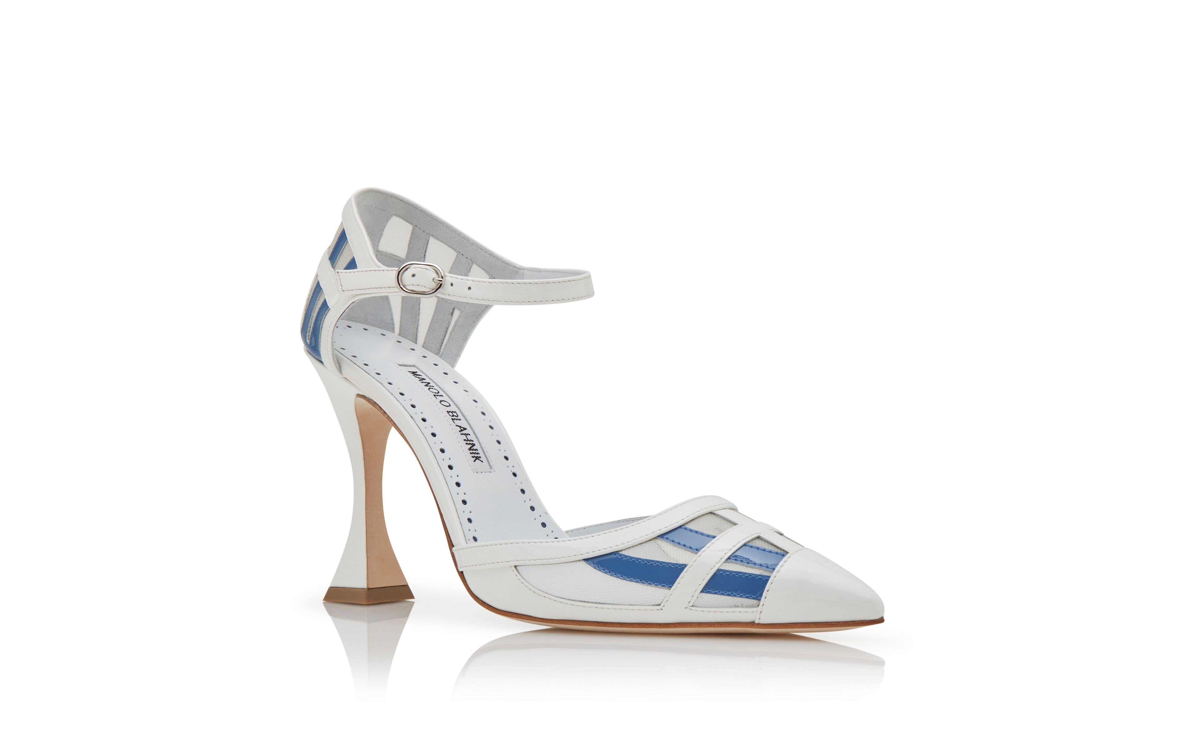 Designer White and Blue Patent Leather Ankle Strap Pumps  - Image Upsell