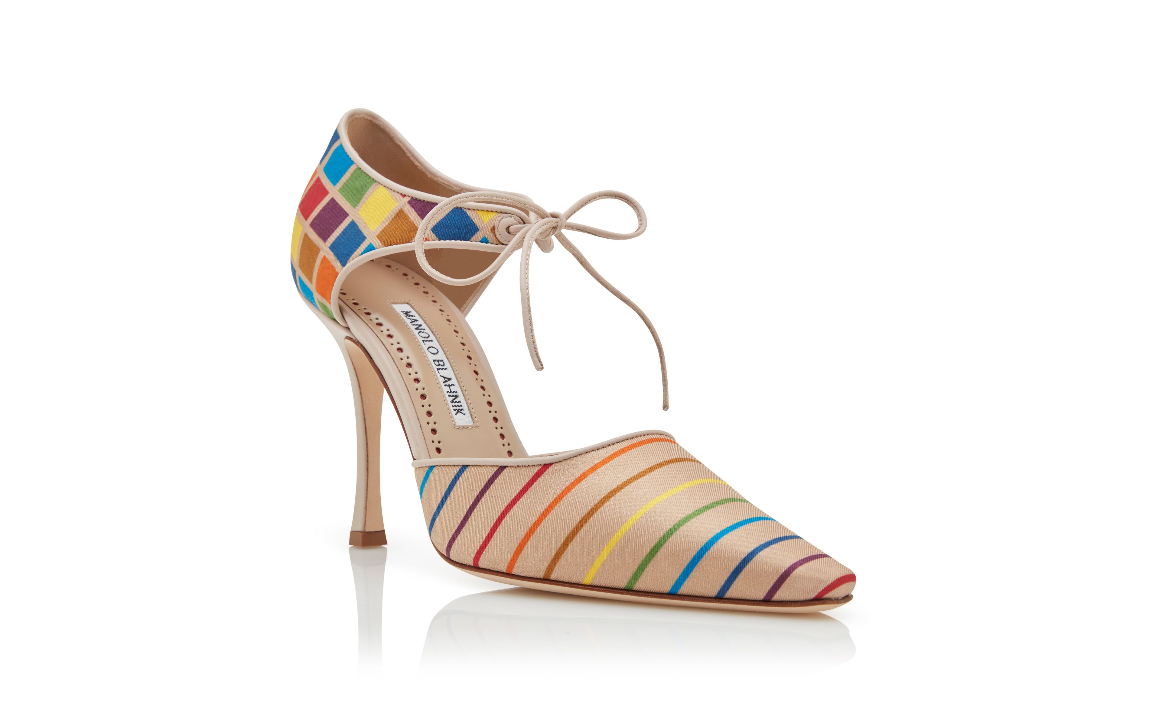 Designer Multicoloured Silk Ankle Strap Pumps - Image Upsell