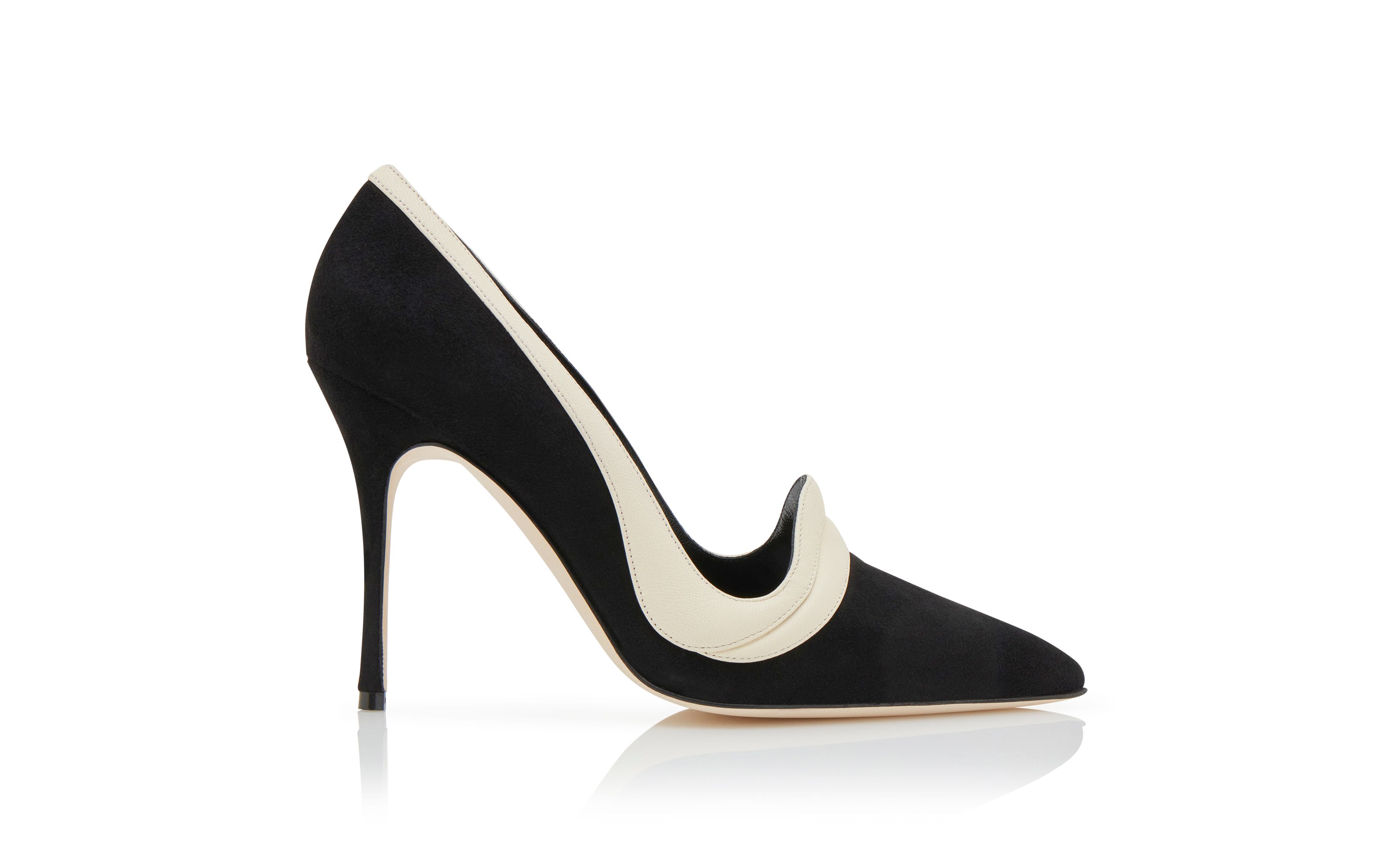 Designer Black and Cream Suede Pointed Toe Pumps  - Image Side View
