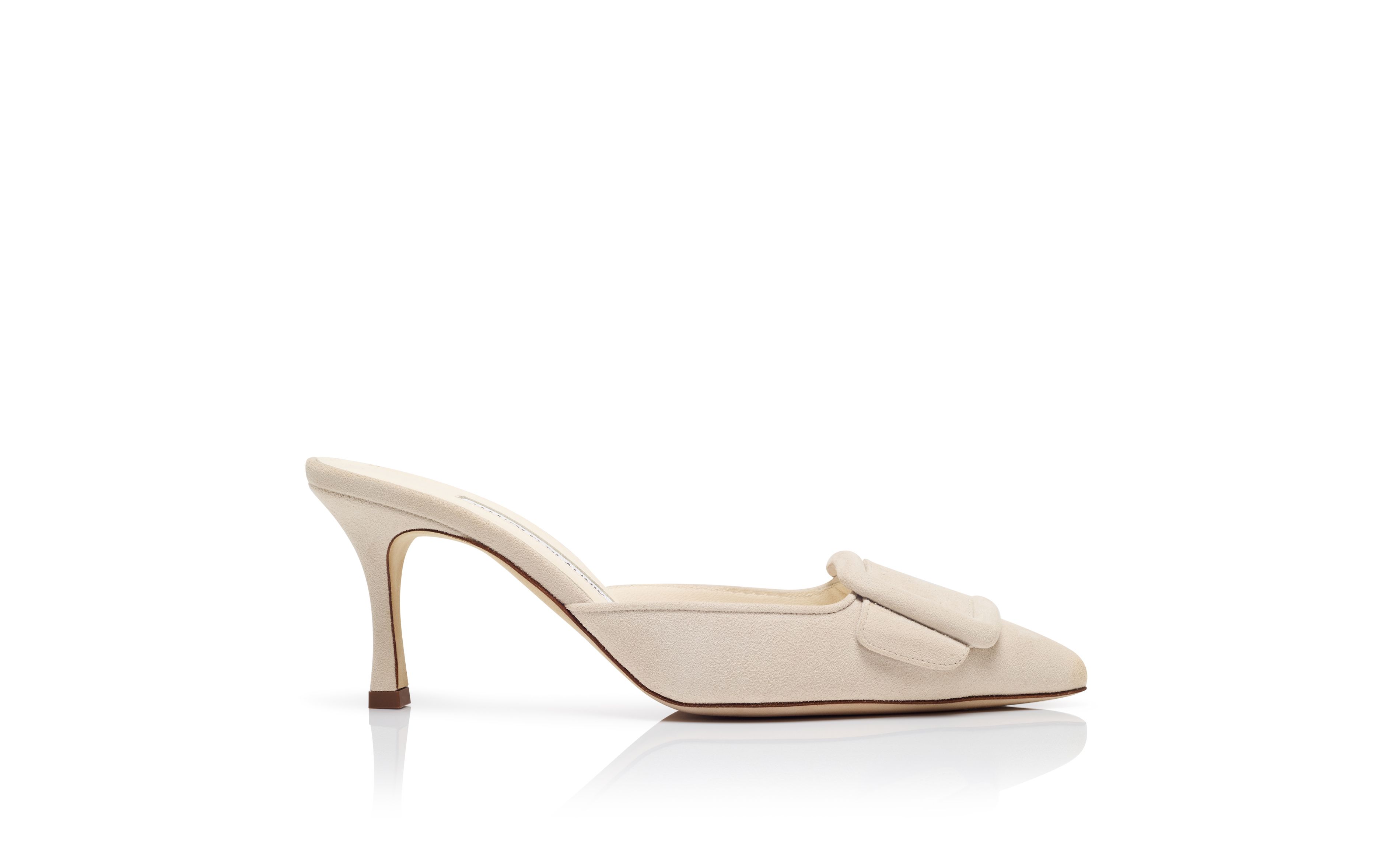 Designer Light Cream Suede Buckle Detail Mules - Image Side View