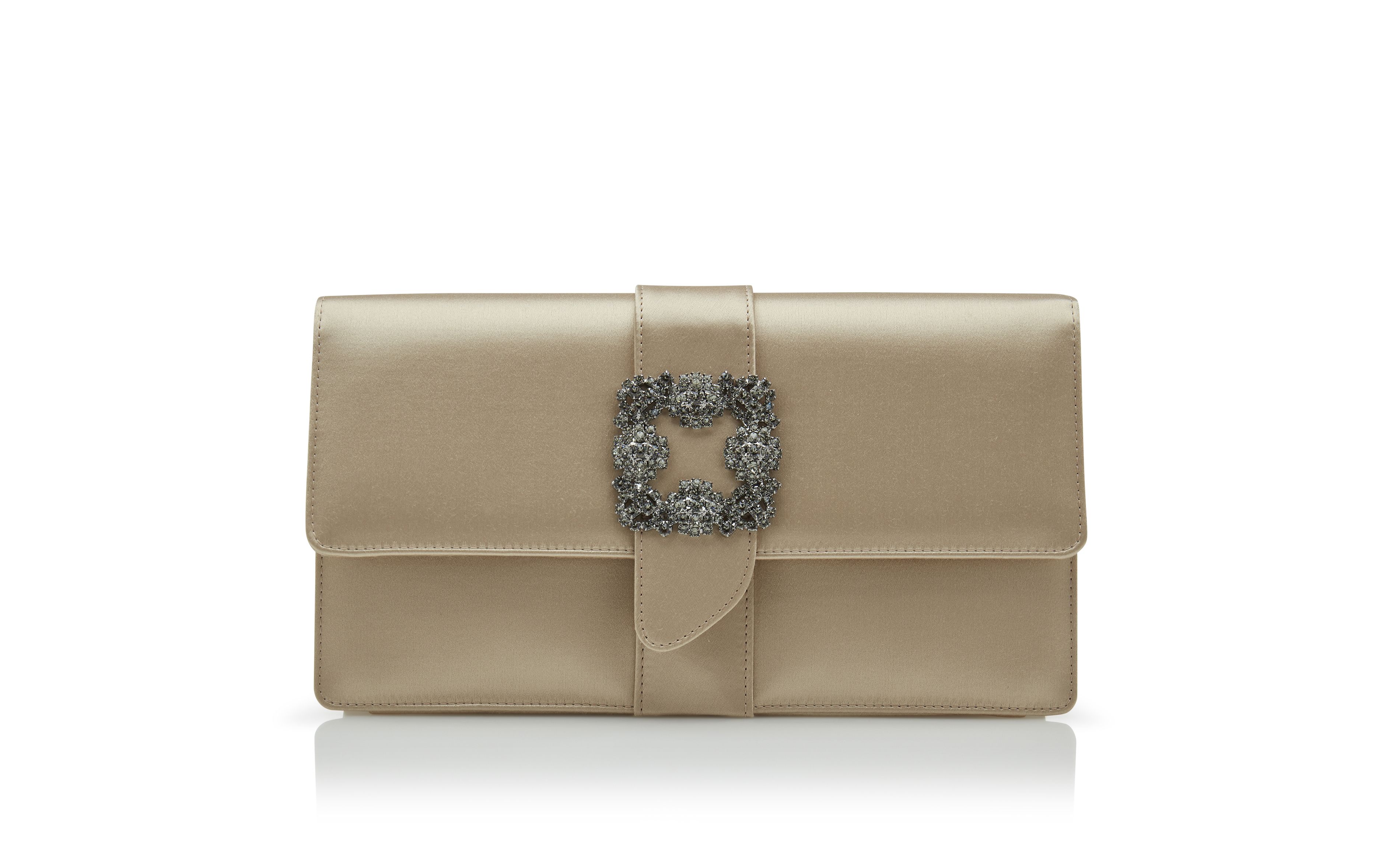 Designer Light Beige Satin Jewel Buckle Clutch - Image Side View