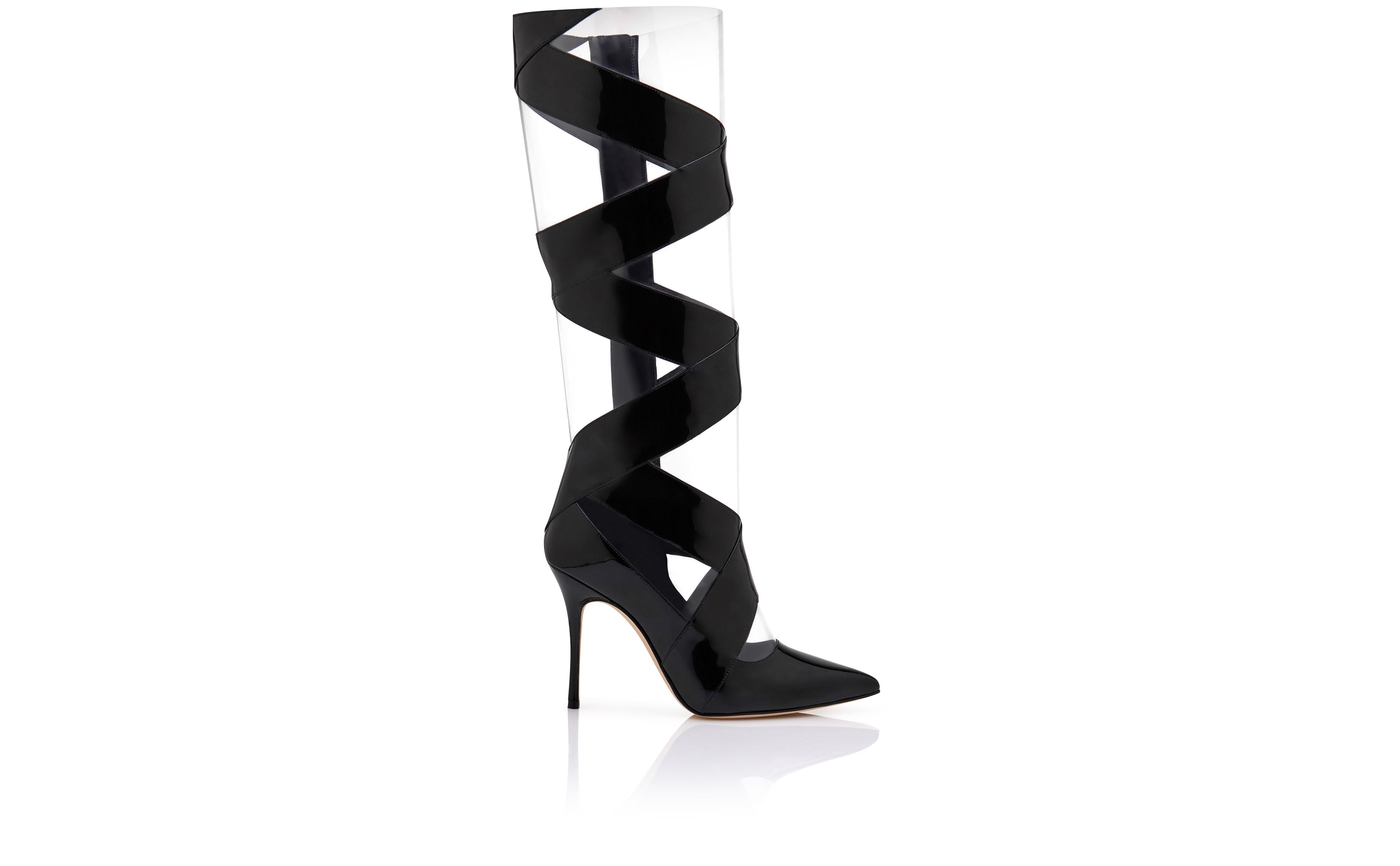 Designer Black Patent Leather Cut Out Boots - Image Side View