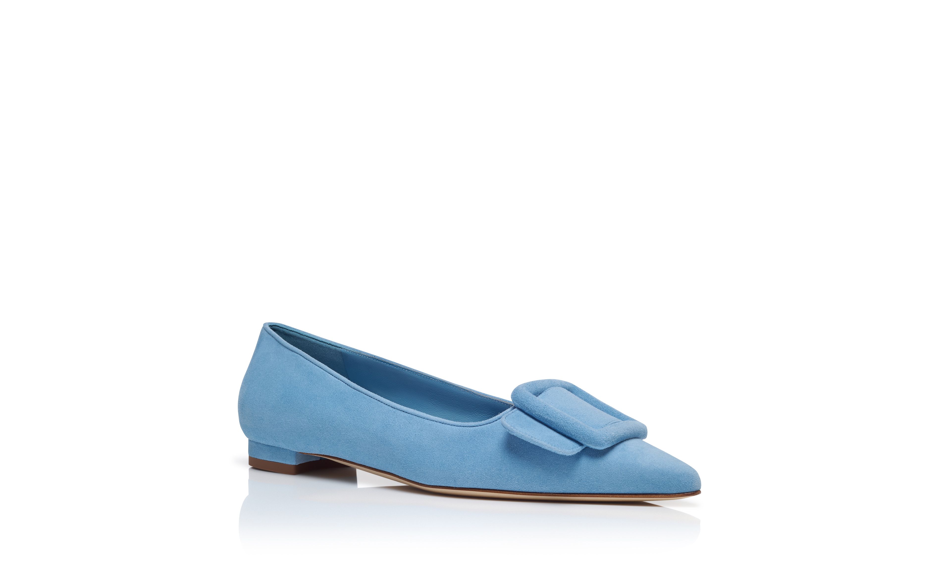 Designer Light Blue Suede Buckle Detail Flat Pumps - Image Upsell