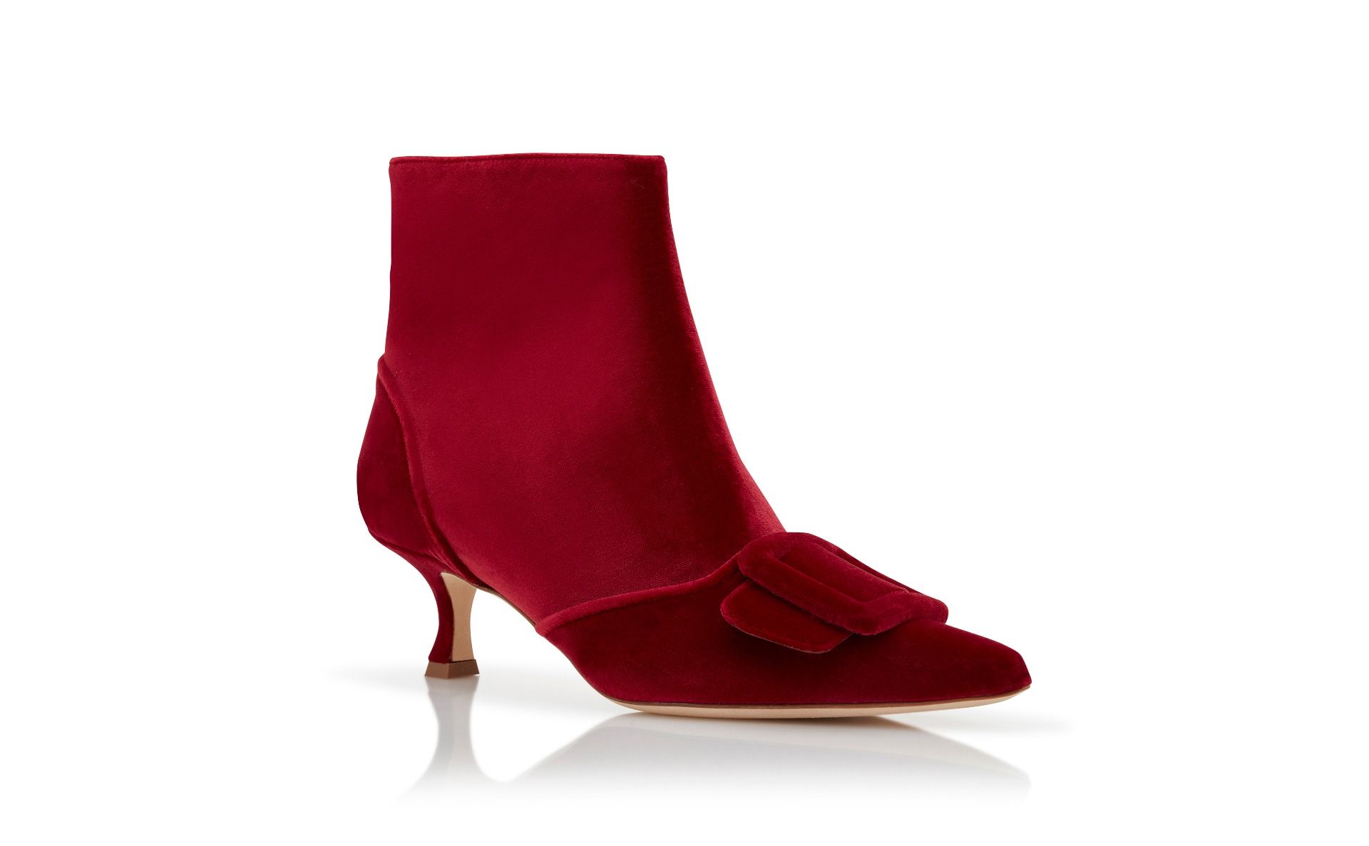 Designer Red Velvet Buckle Detail Ankle Boots - Image 