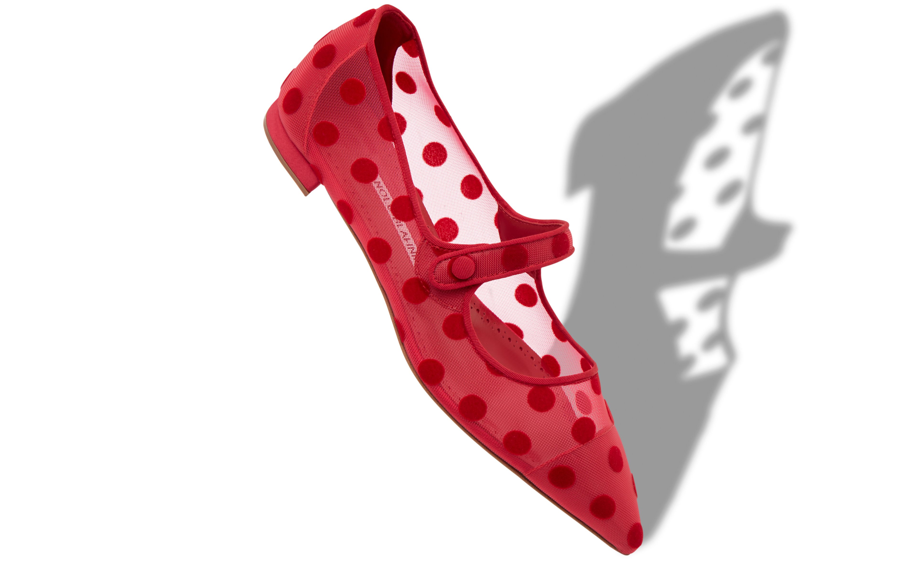 Designer Red Mesh Polka Dot Mary Jane Flat Pumps - Image small_image