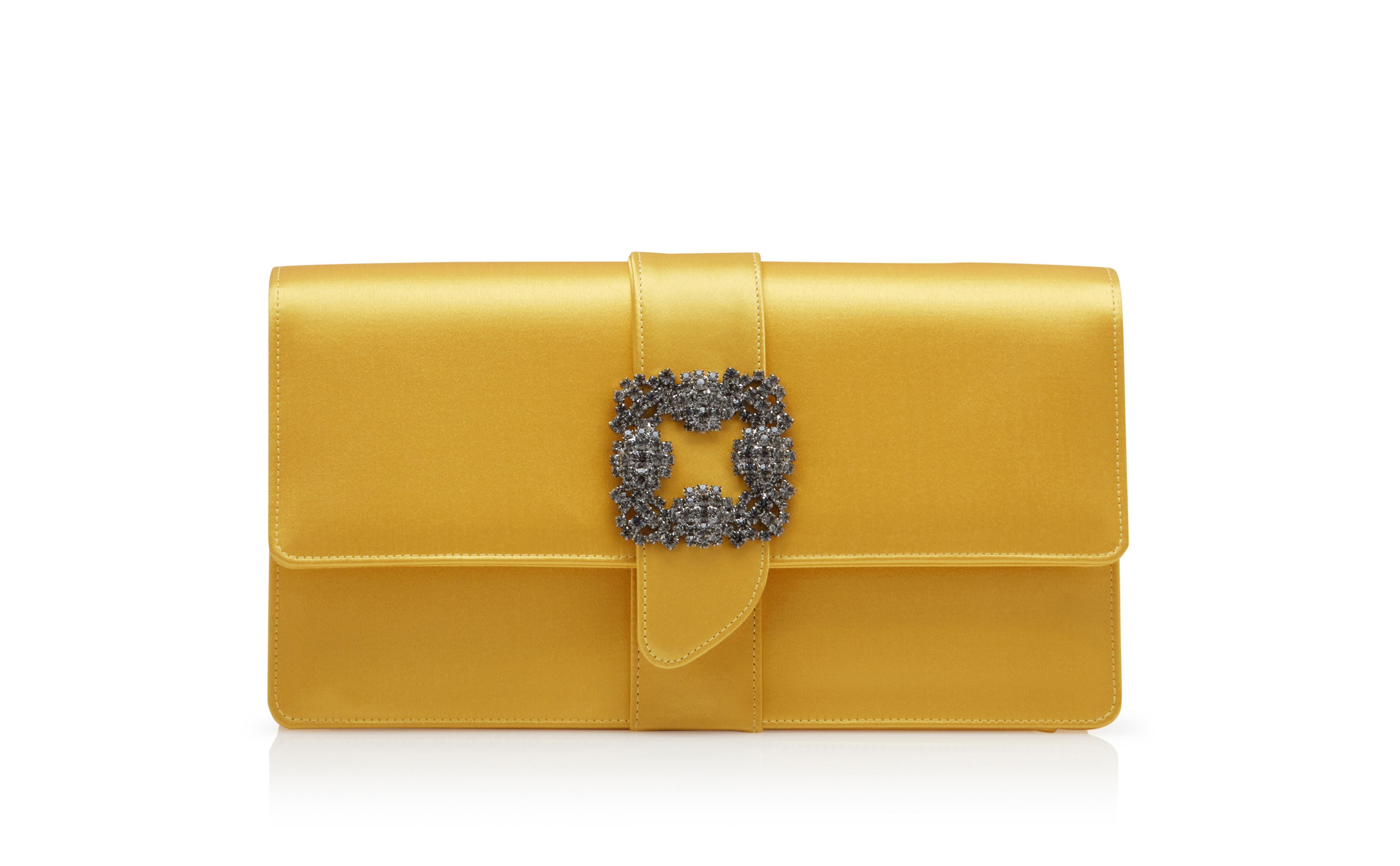 Designer Yellow Satin Jewel Buckle Clutch - Image Side View