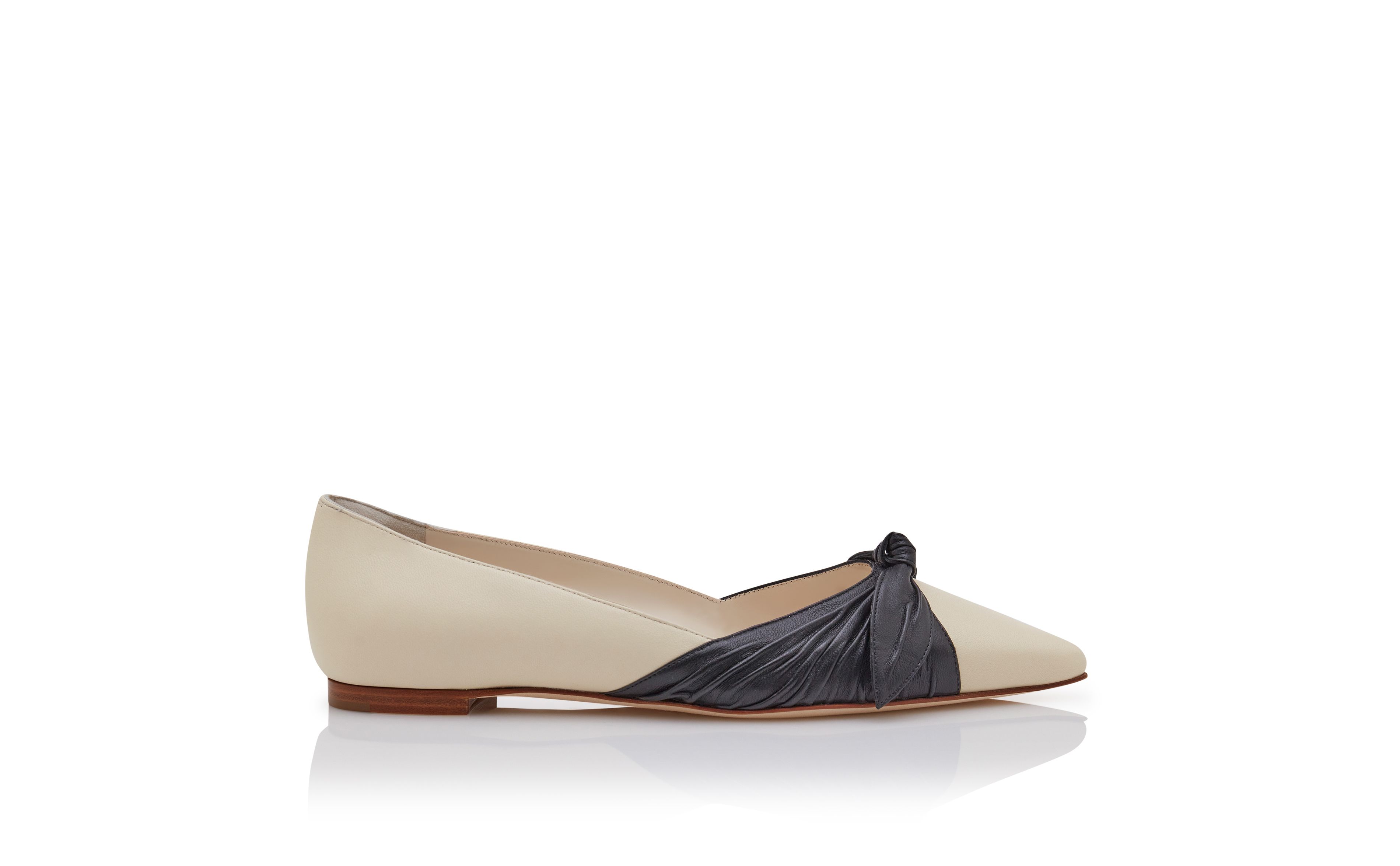 Designer Cream and Black Nappa Leather Flat Pumps - Image Side View