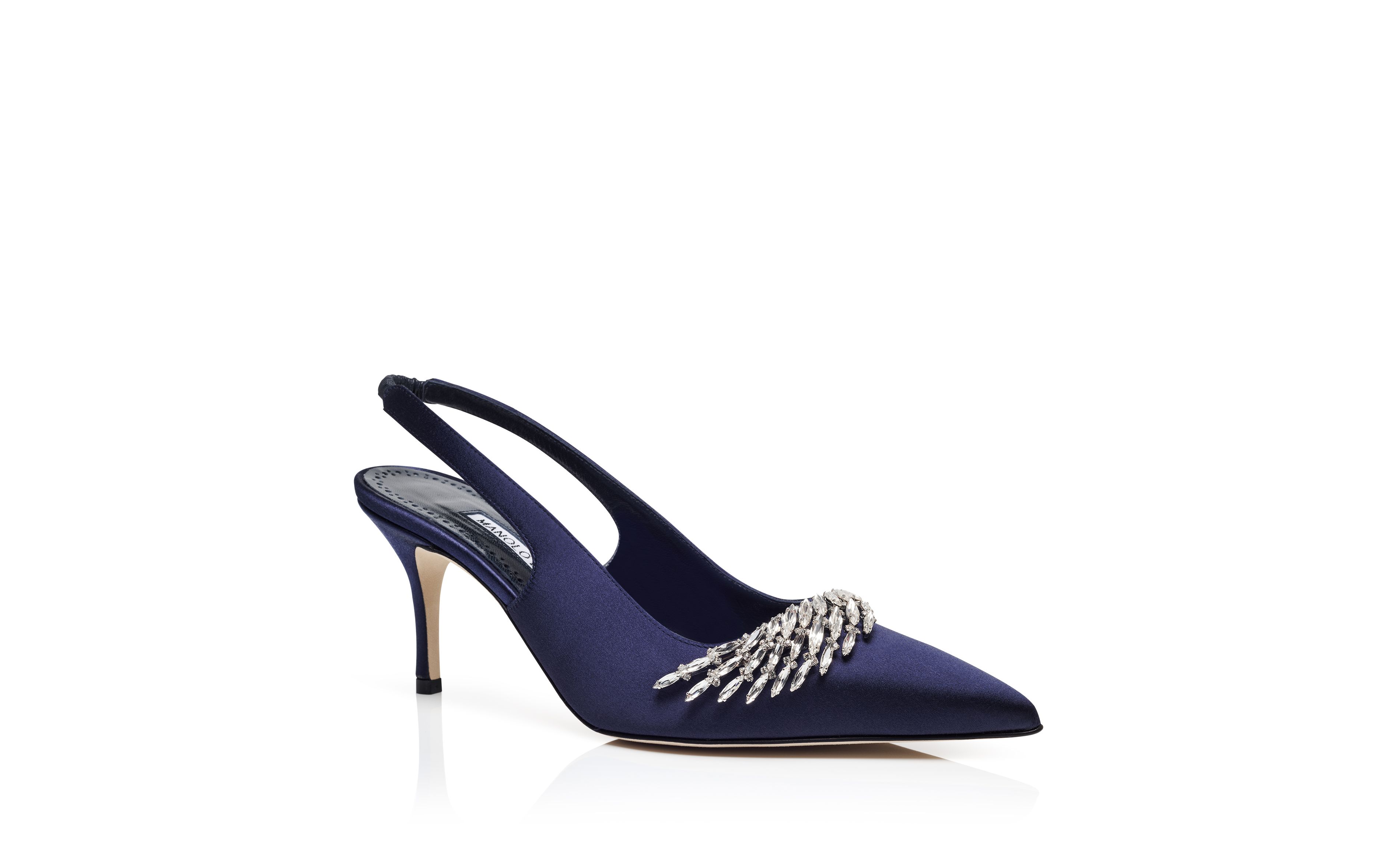 Manolo Blahnik Terala Navy Blue Satin Jewel Embellished Slingback Pumps