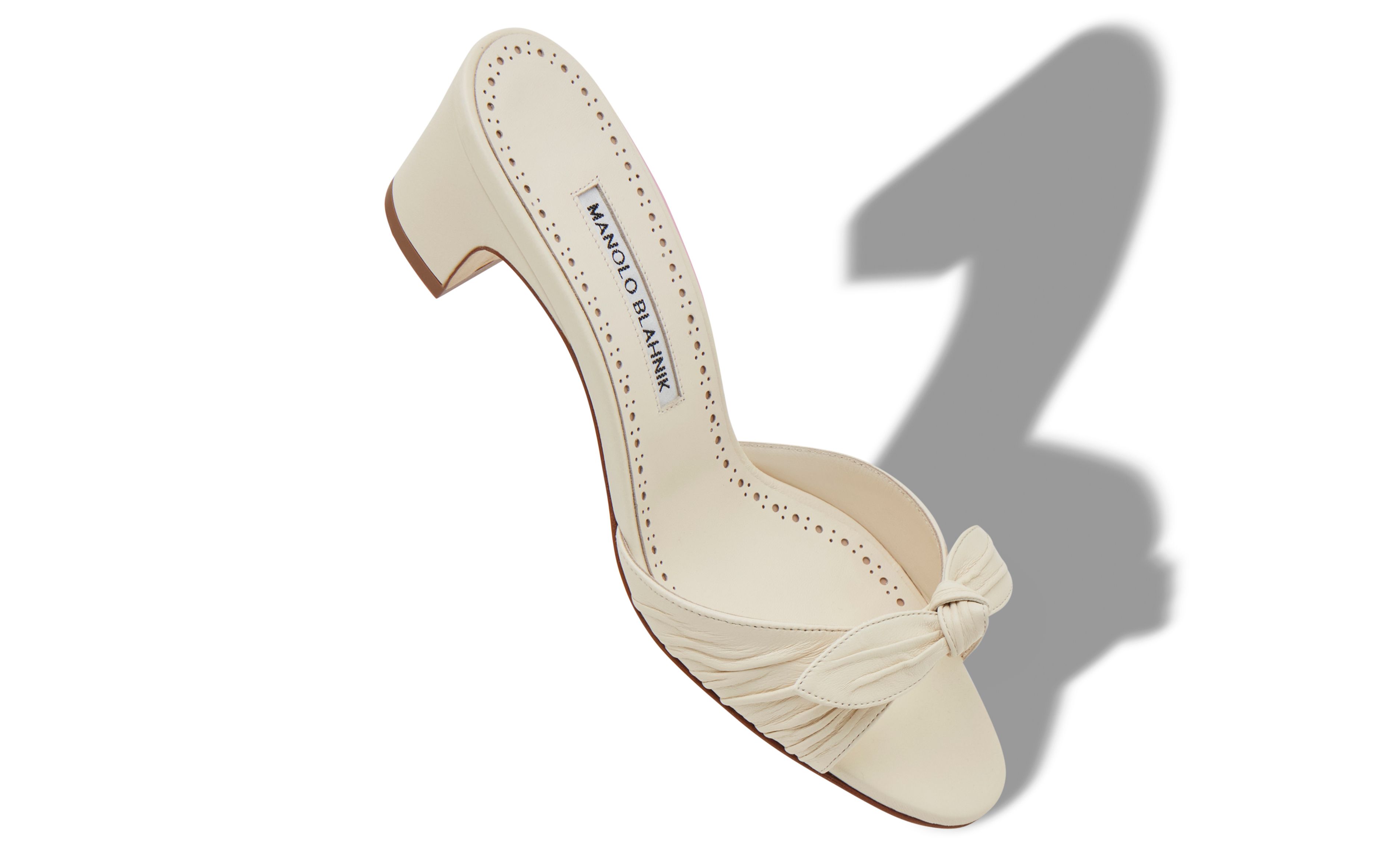 Designer Cream Nappa Leather Bow Detail Mules - Image small_image