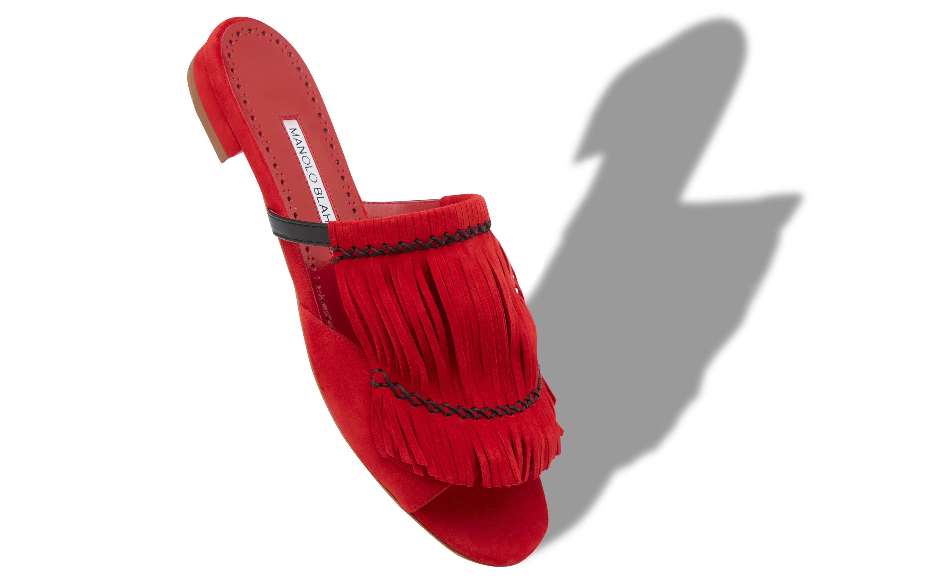 Designer Red Suede Fringe Detail Flat Sandals   - Image small_image