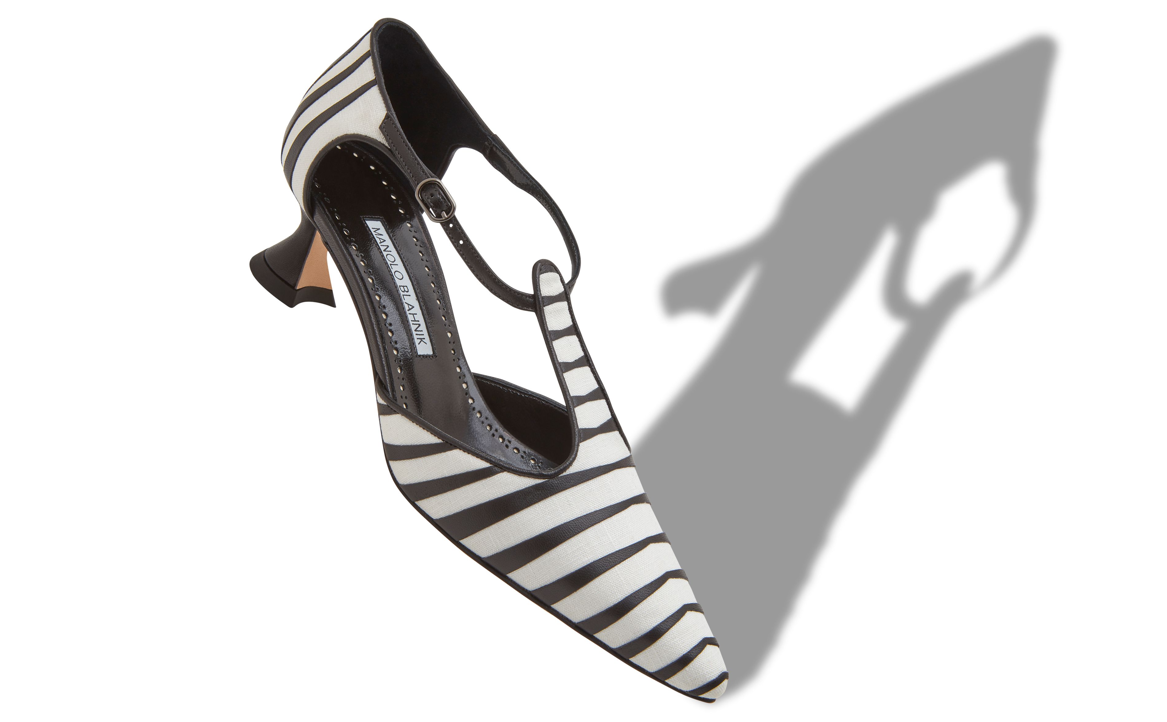 Designer White and Black Linen Striped T-Bar Pumps - Image small_image