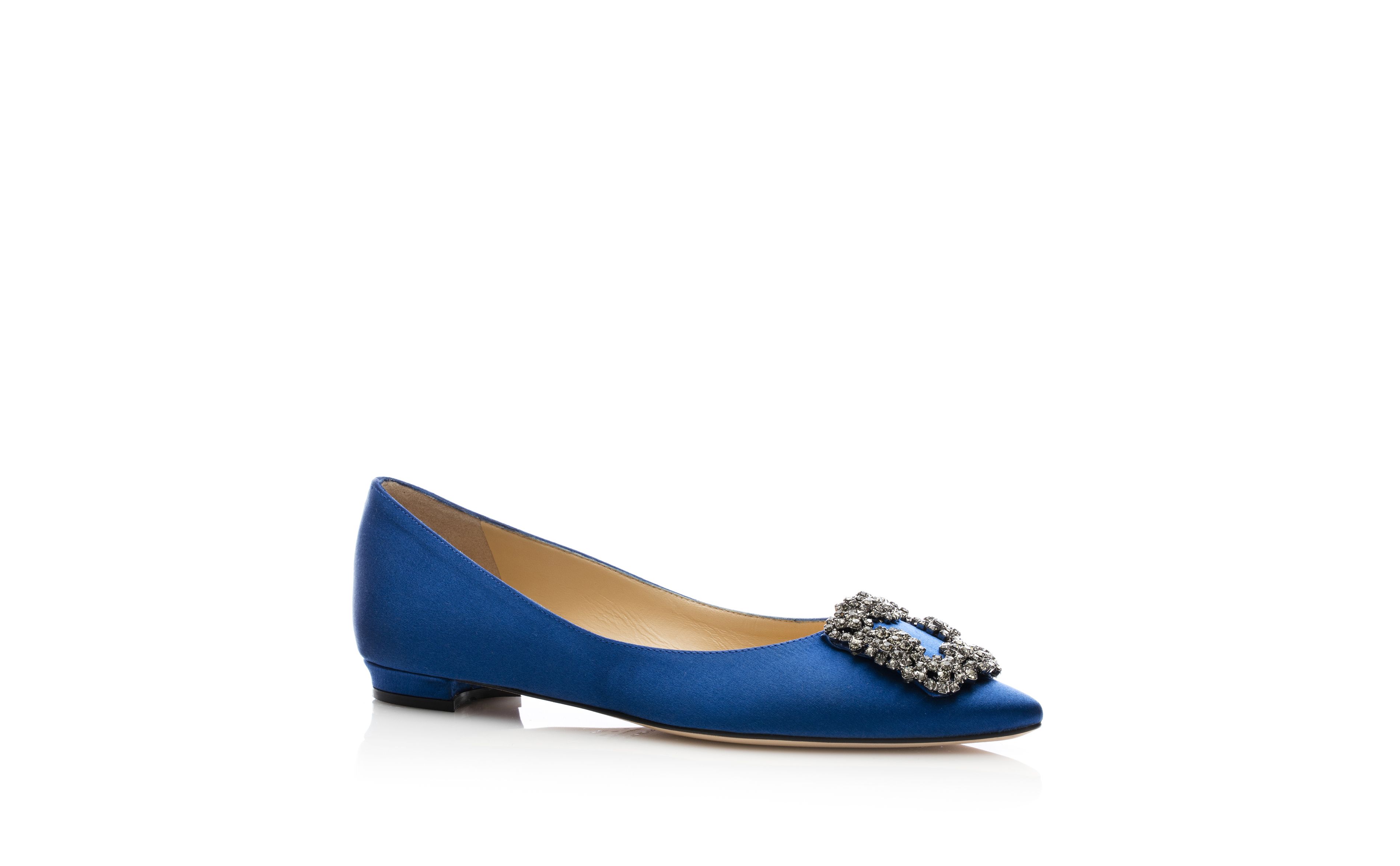 Hangisiflat Blue Satin Jewel Buckle Flats Manolo Blahnik