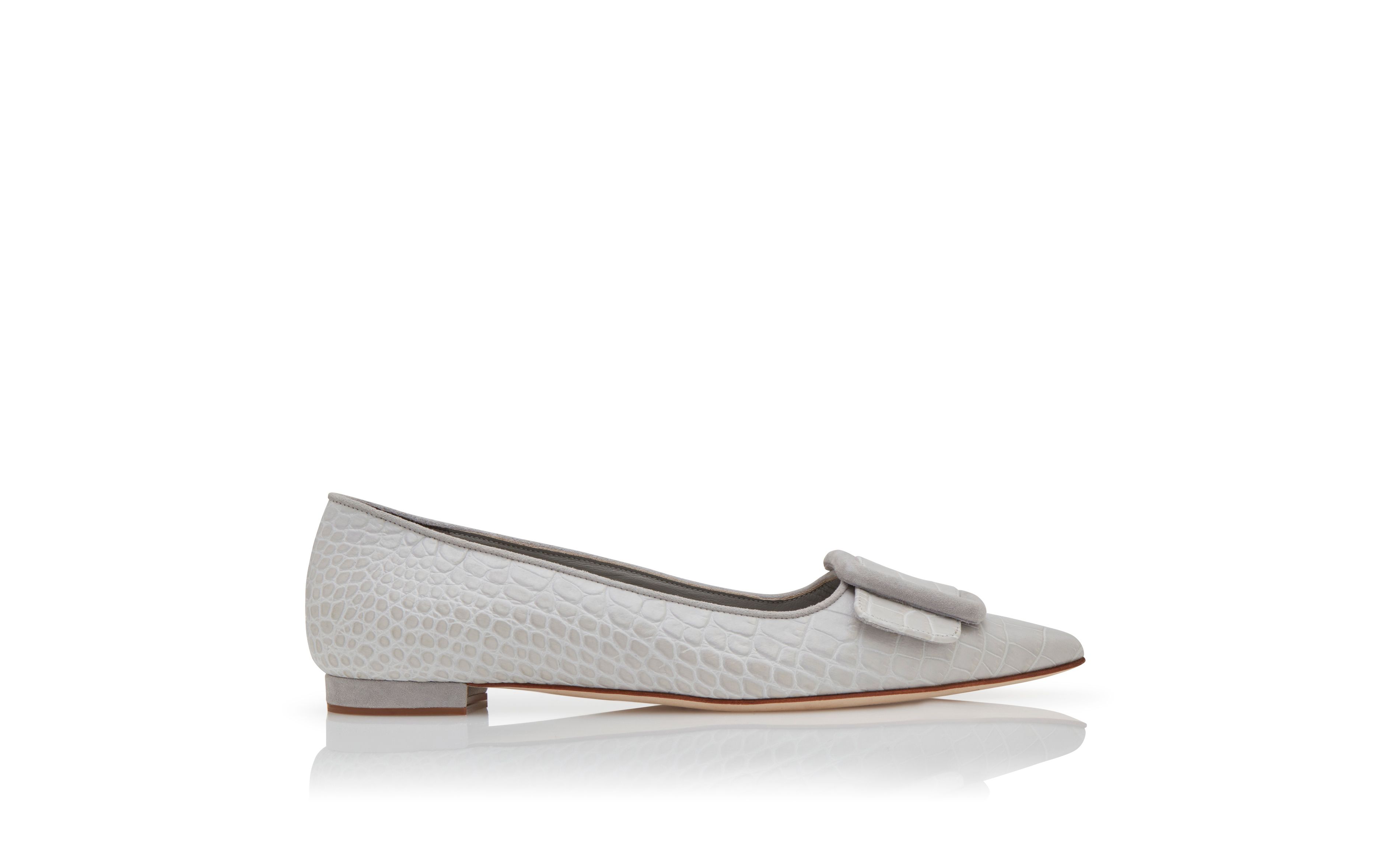 Designer Light Grey Calf Leather Flat Pumps  - Image Side View