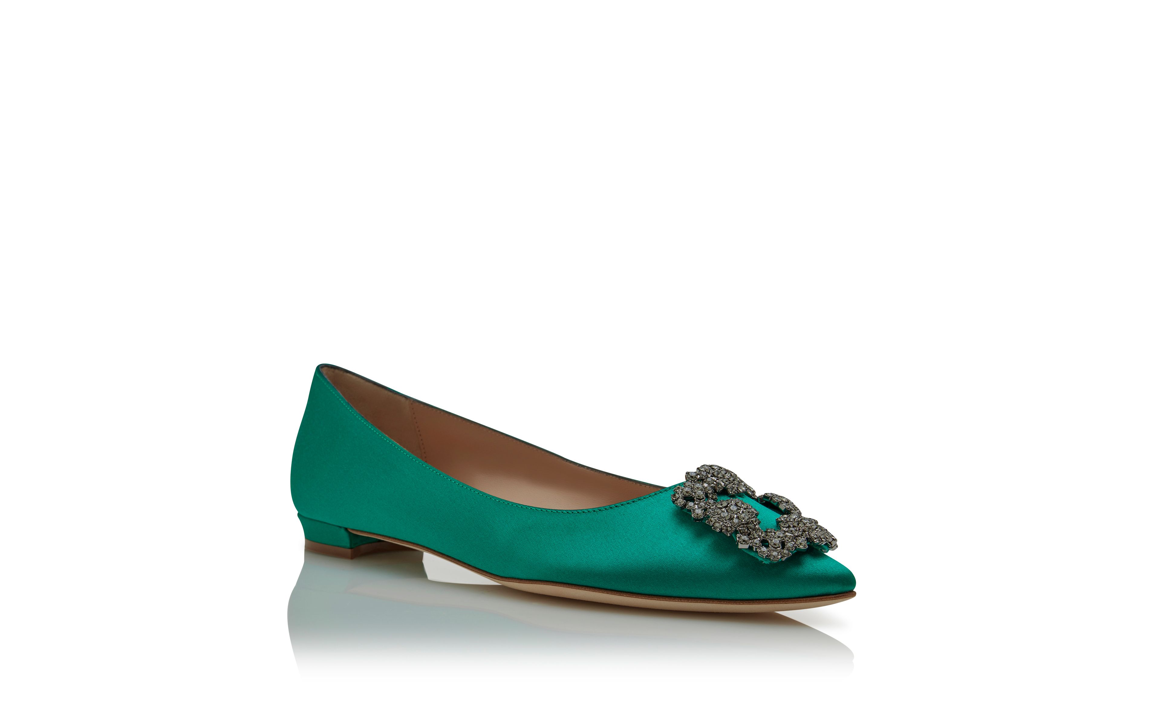 Designer Green Satin Jewel Buckle Flat Pumps - Image Upsell