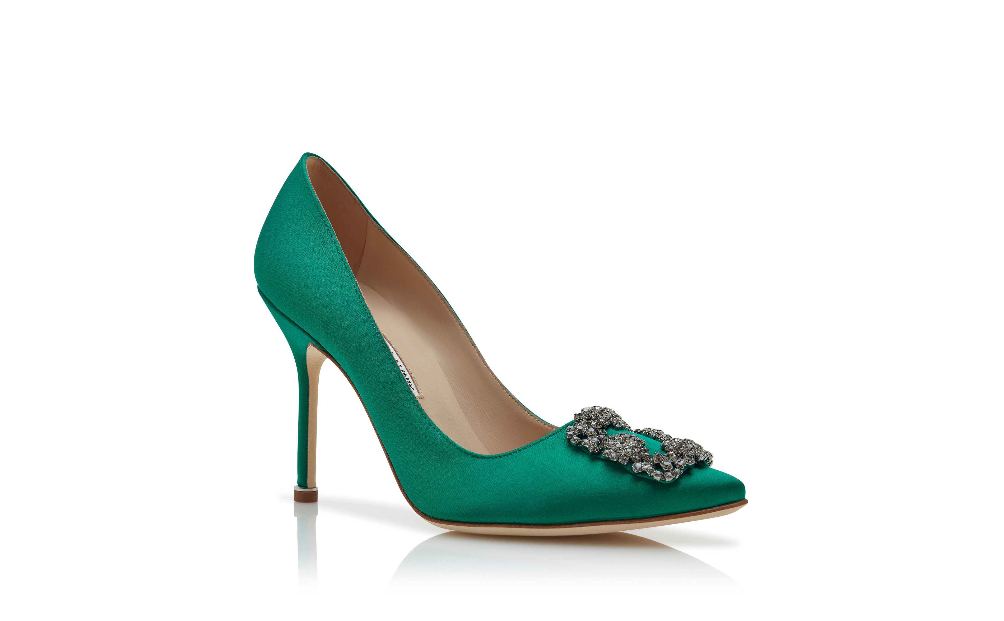 Designer Green Satin Jewel Buckle Pumps - Image Upsell