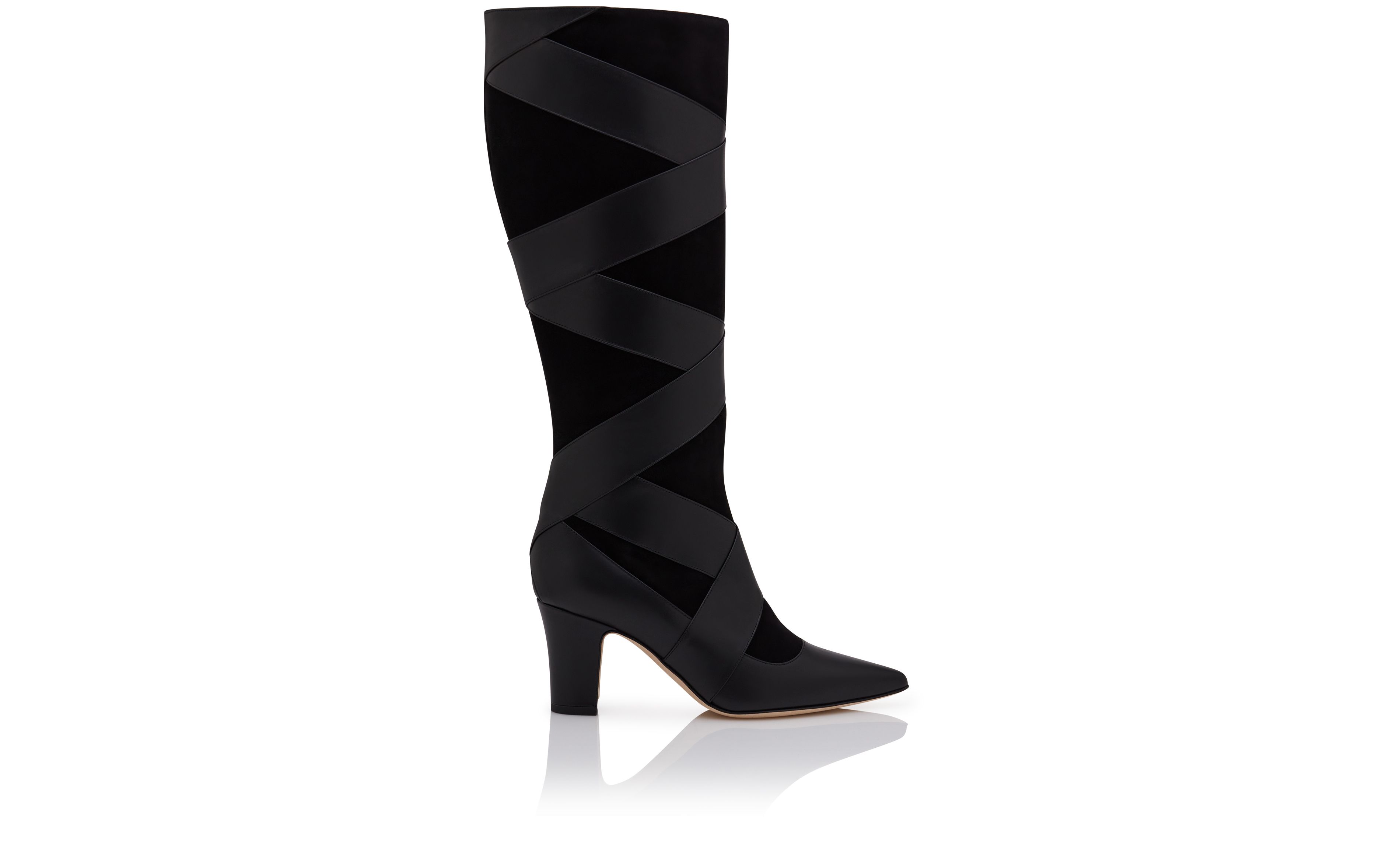 Designer Black Calf Leather Cut Out Boots - Image Side View