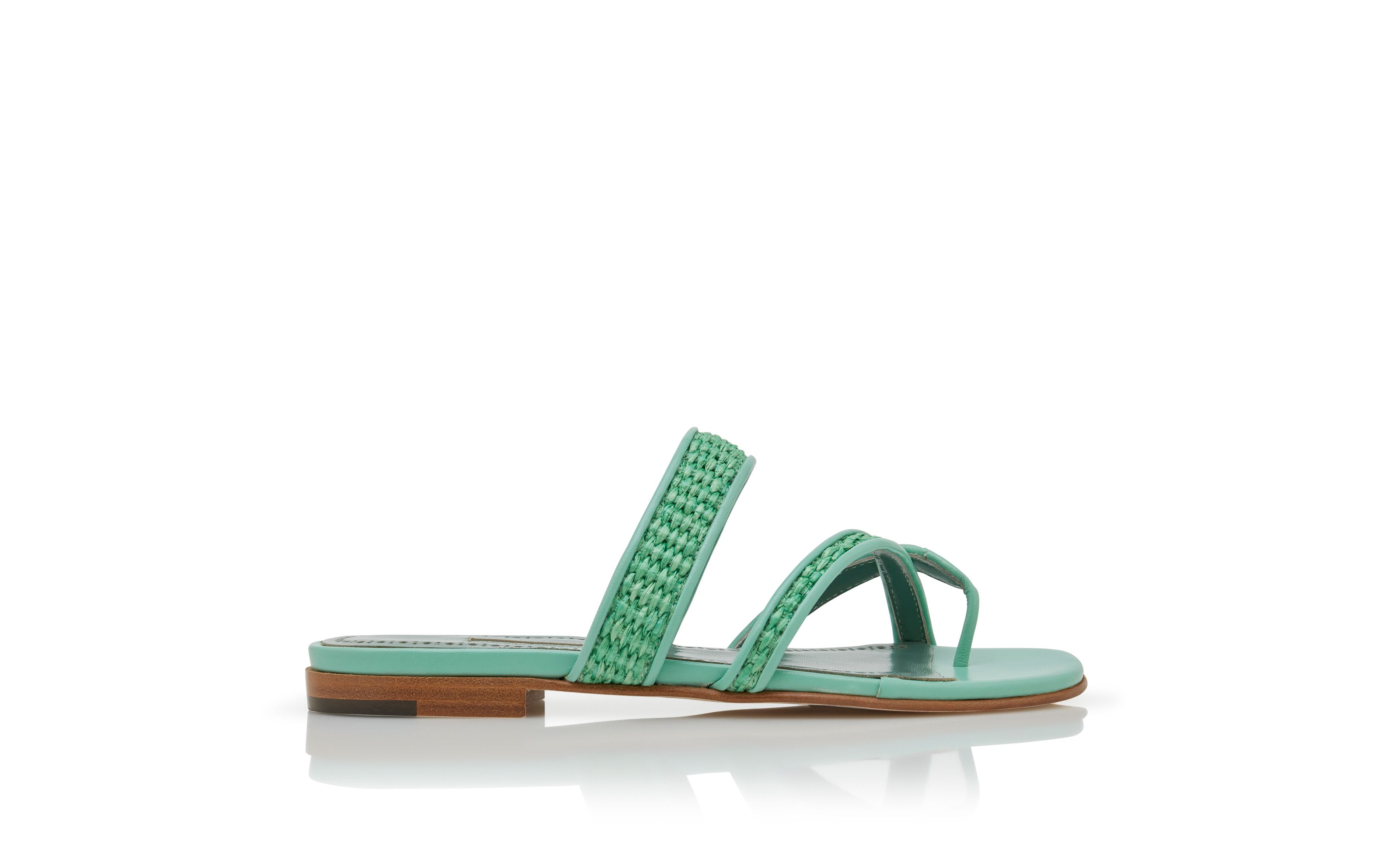 Designer Green Raffia Flat Sandals  - Image Side View