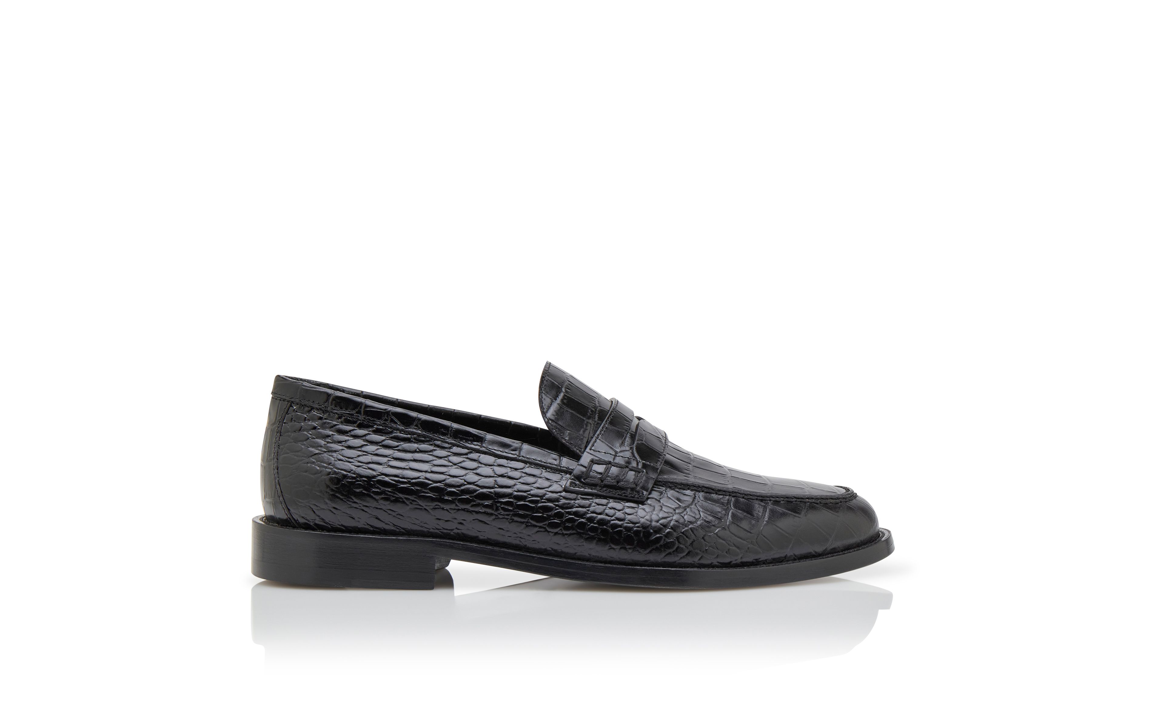 Designer Black Calf Leather Penny Loafers  - Image Side View