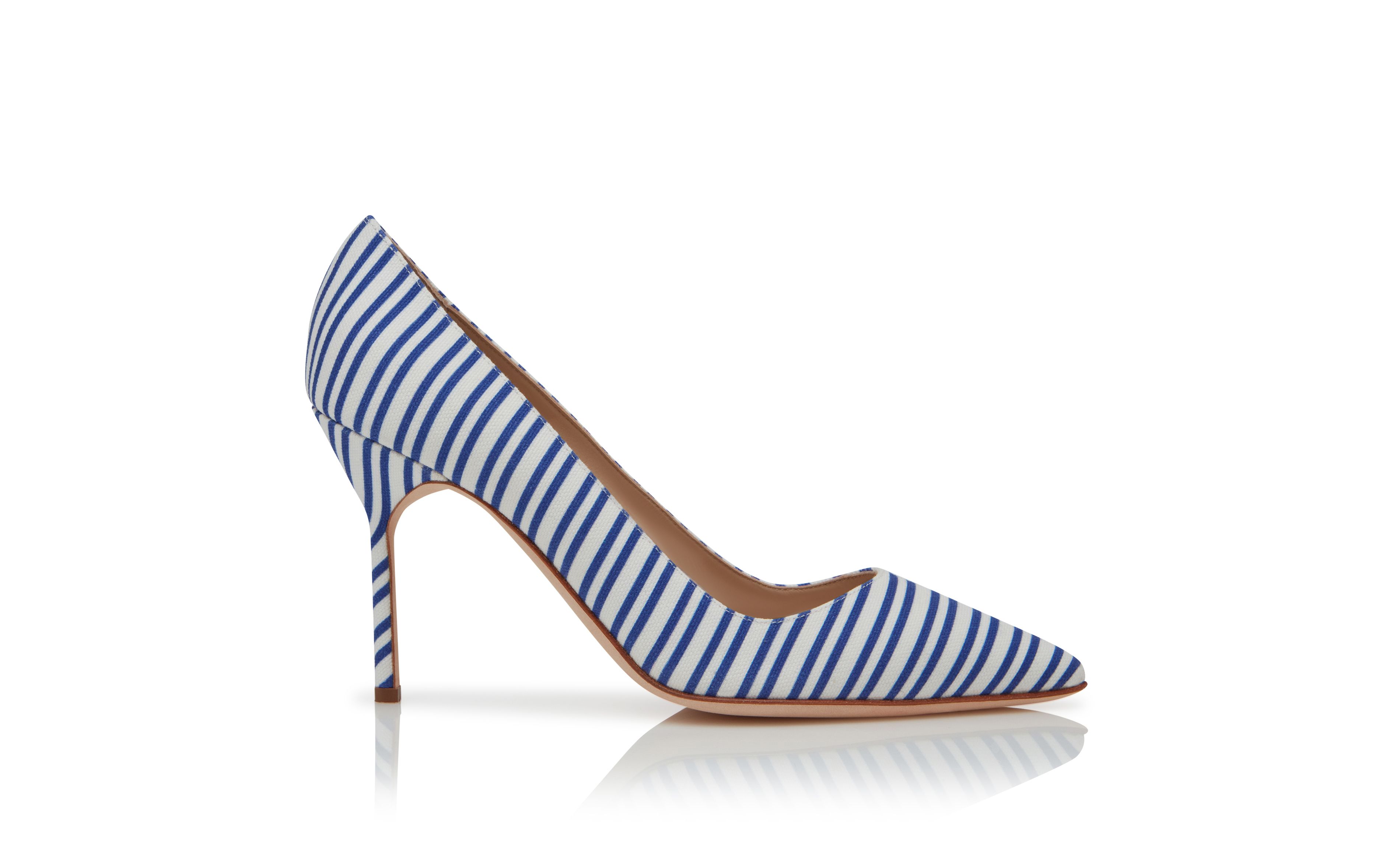 Designer Blue Cotton Striped Pointed Toe Pumps  - Image Side View
