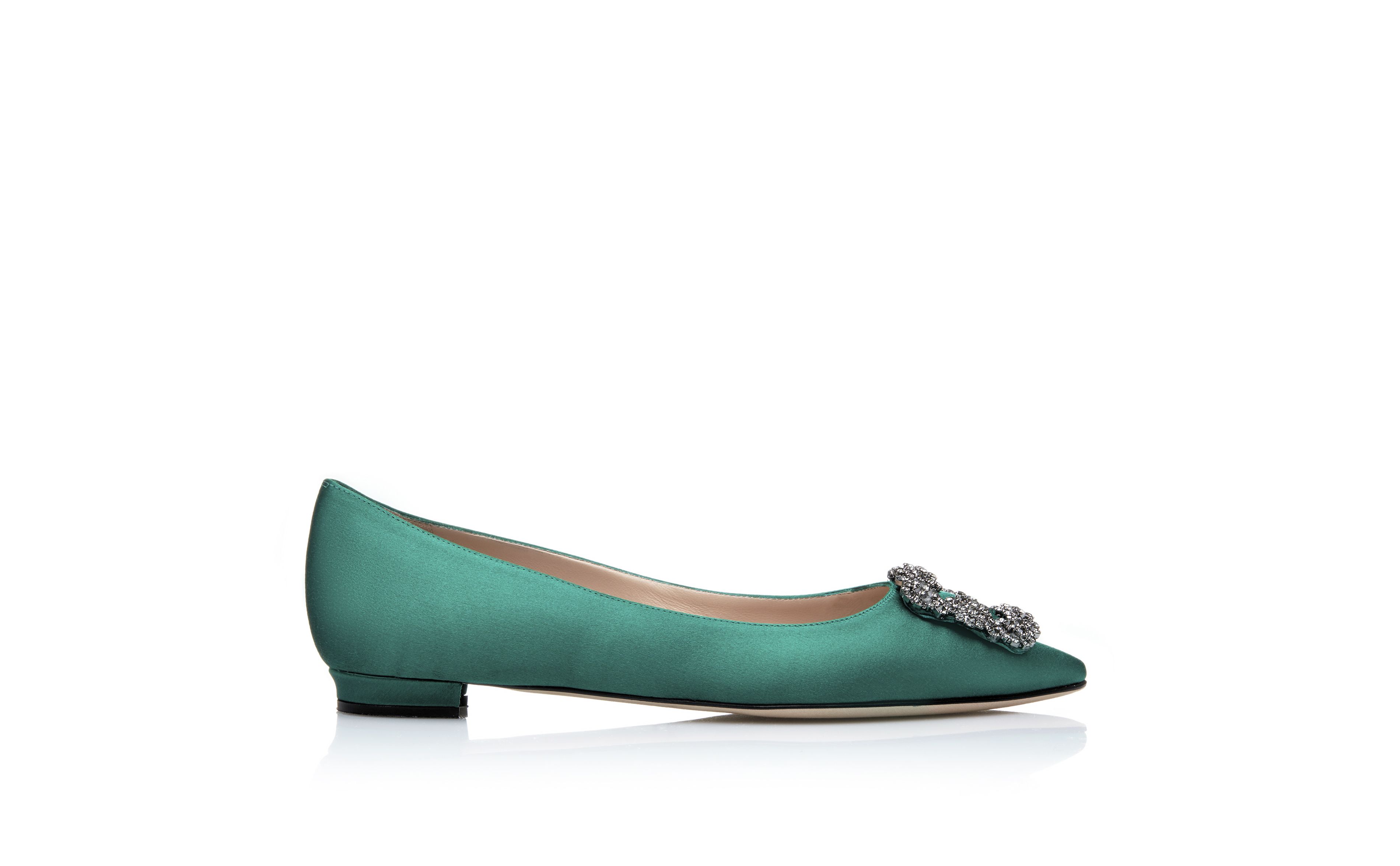 Hangisiflat Green Satin Jewel Buckle Flats Manolo Blahnik