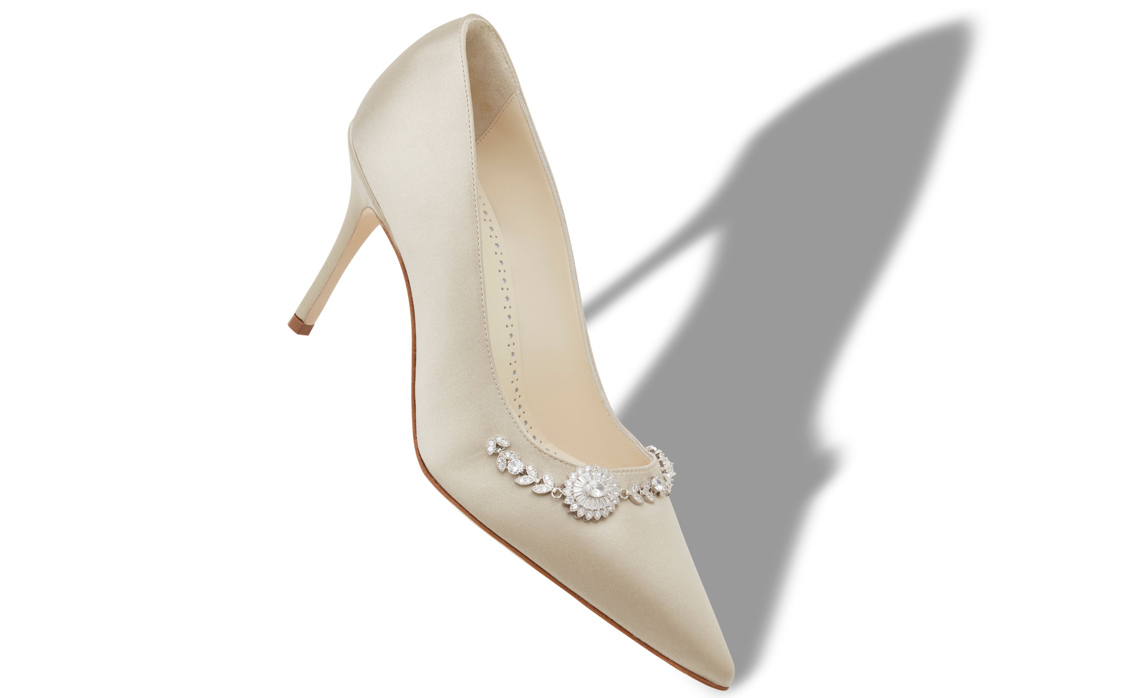 Designer Cream Satin Embellished Pumps - Image small_image