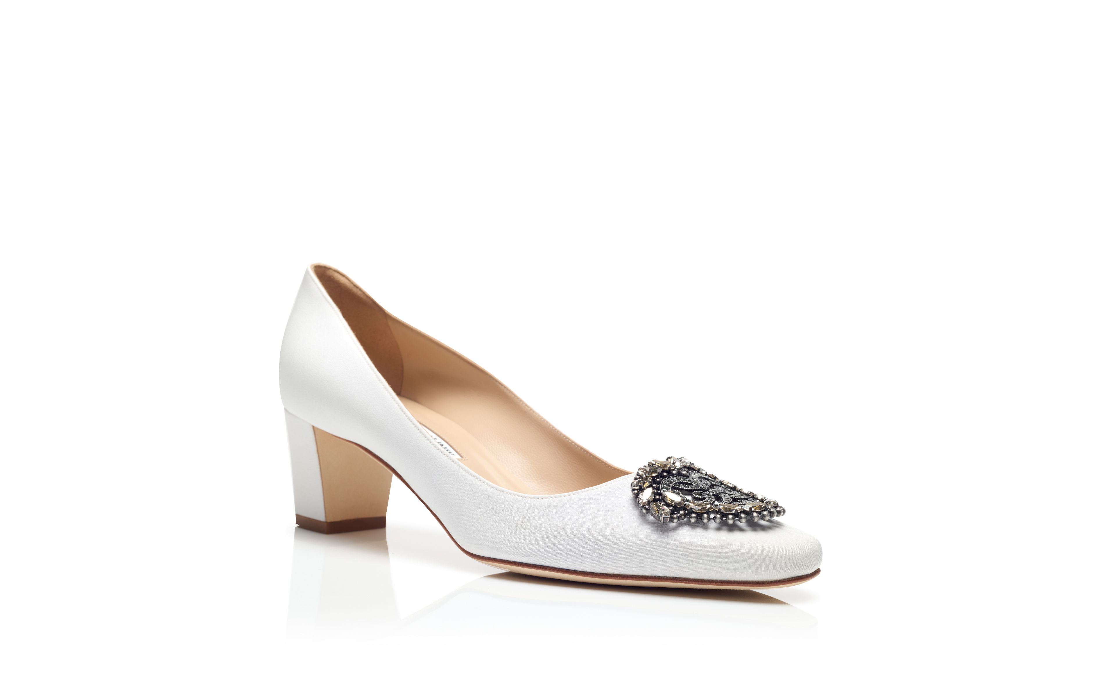 Designer White Crepe De Chine Jewel Buckle Pumps - Image Upsell