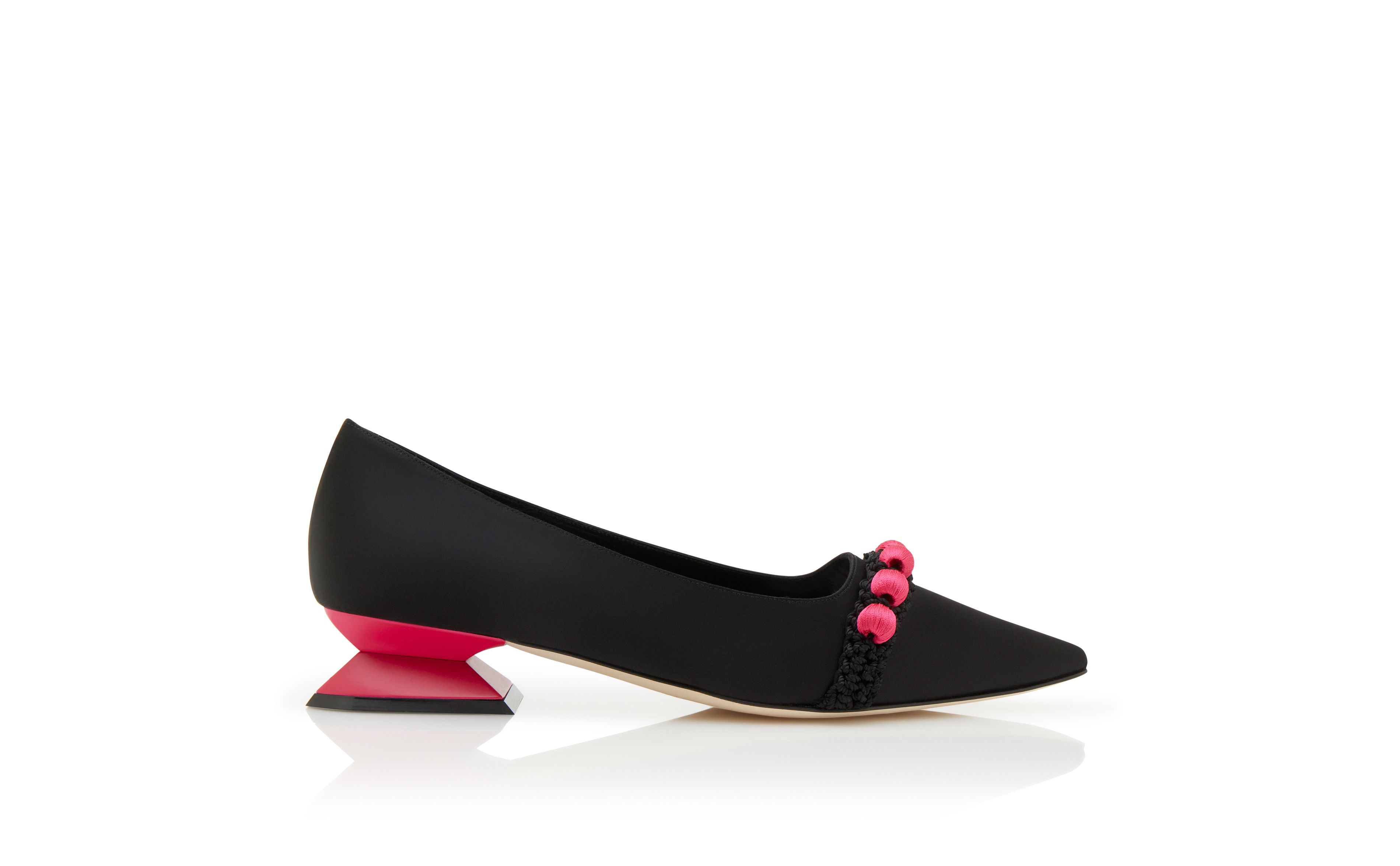 Designer Black and Pink Satin Pom Pom Pumps - Image Side View