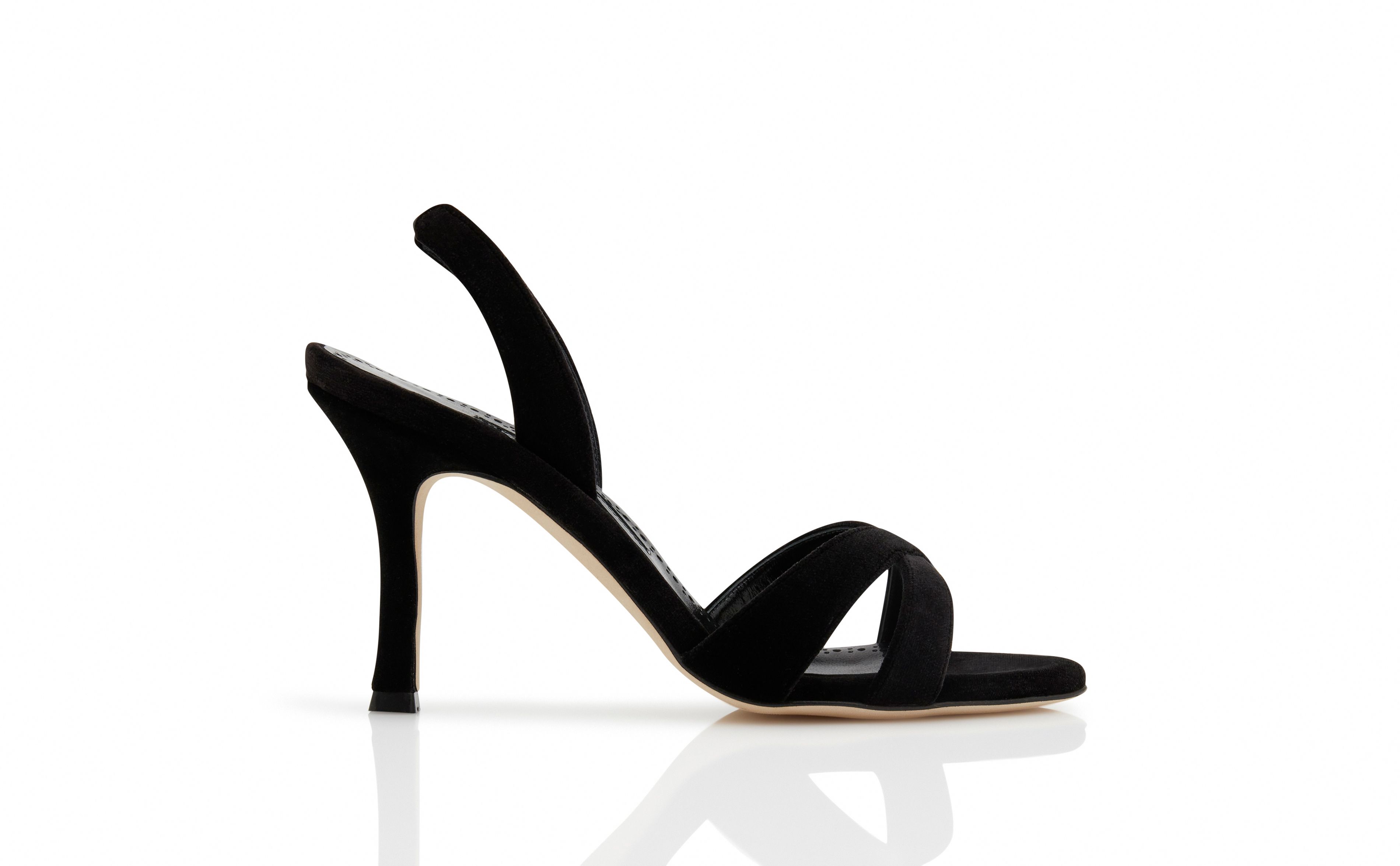 Designer Black Velvet Slingback Sandals - Image Side View