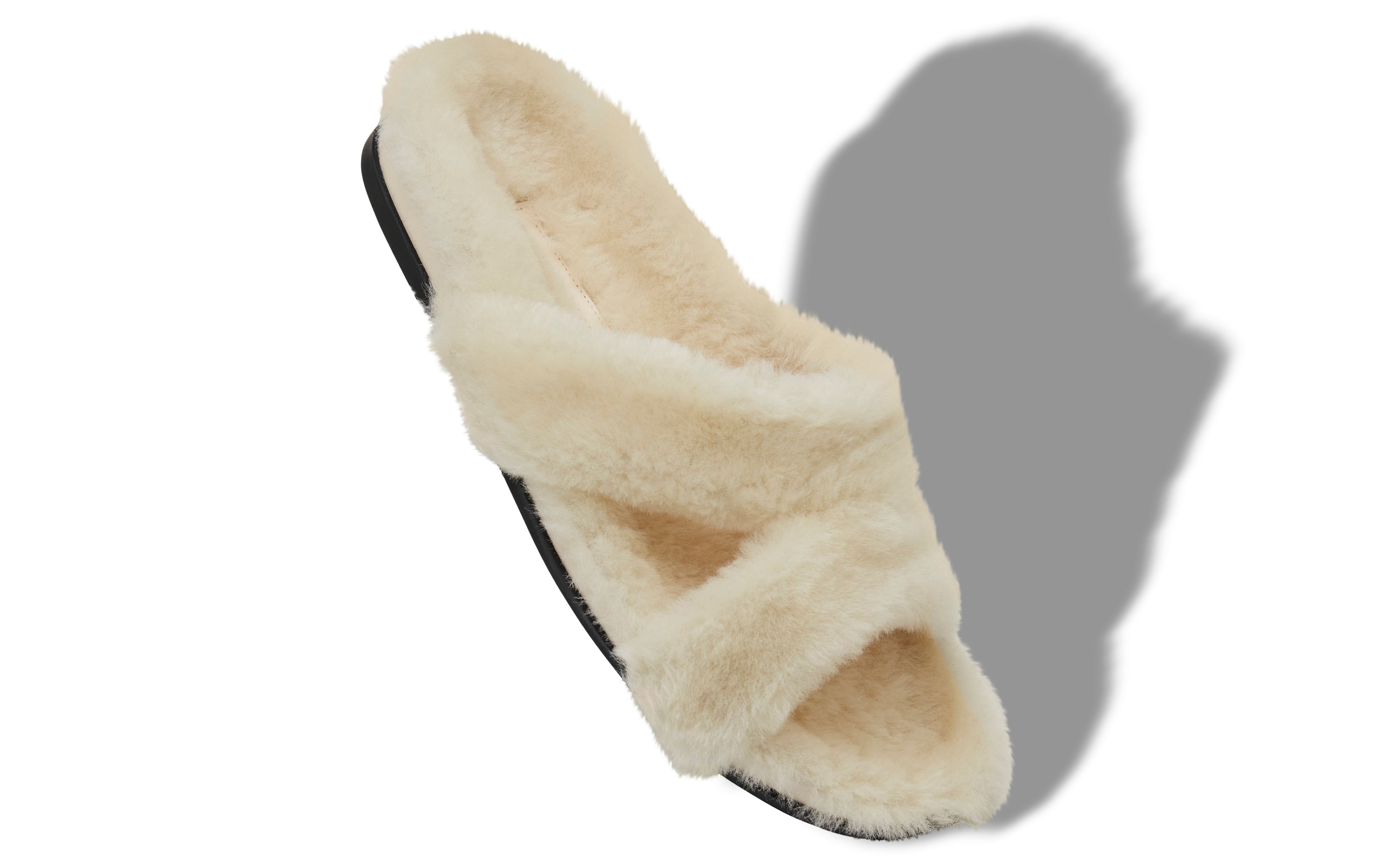 Designer Cream Shearling Open Toe Flat Mules - Image small_image