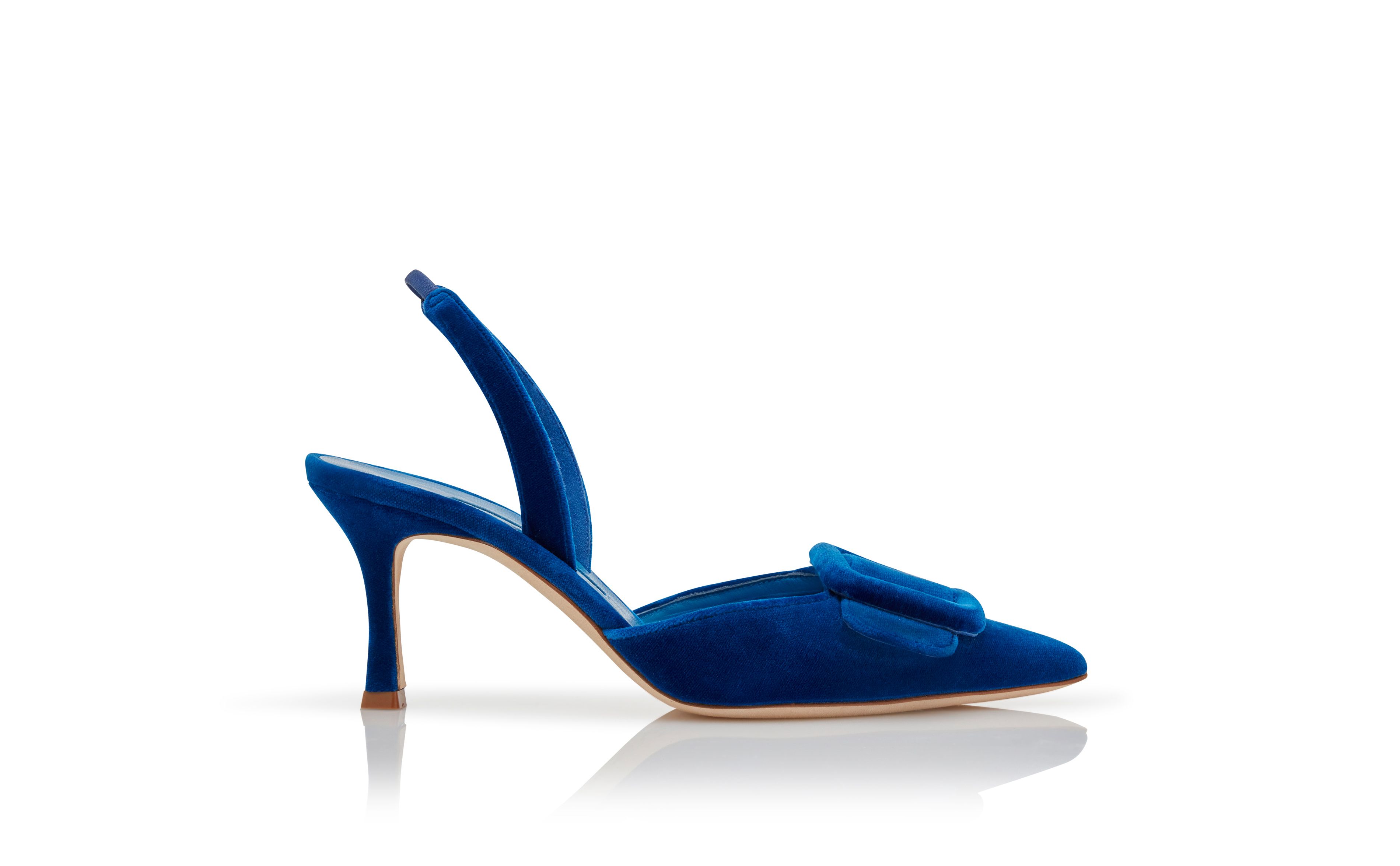 Designer Blue Velvet Buckle Detail Slingback Pumps - Image Side View