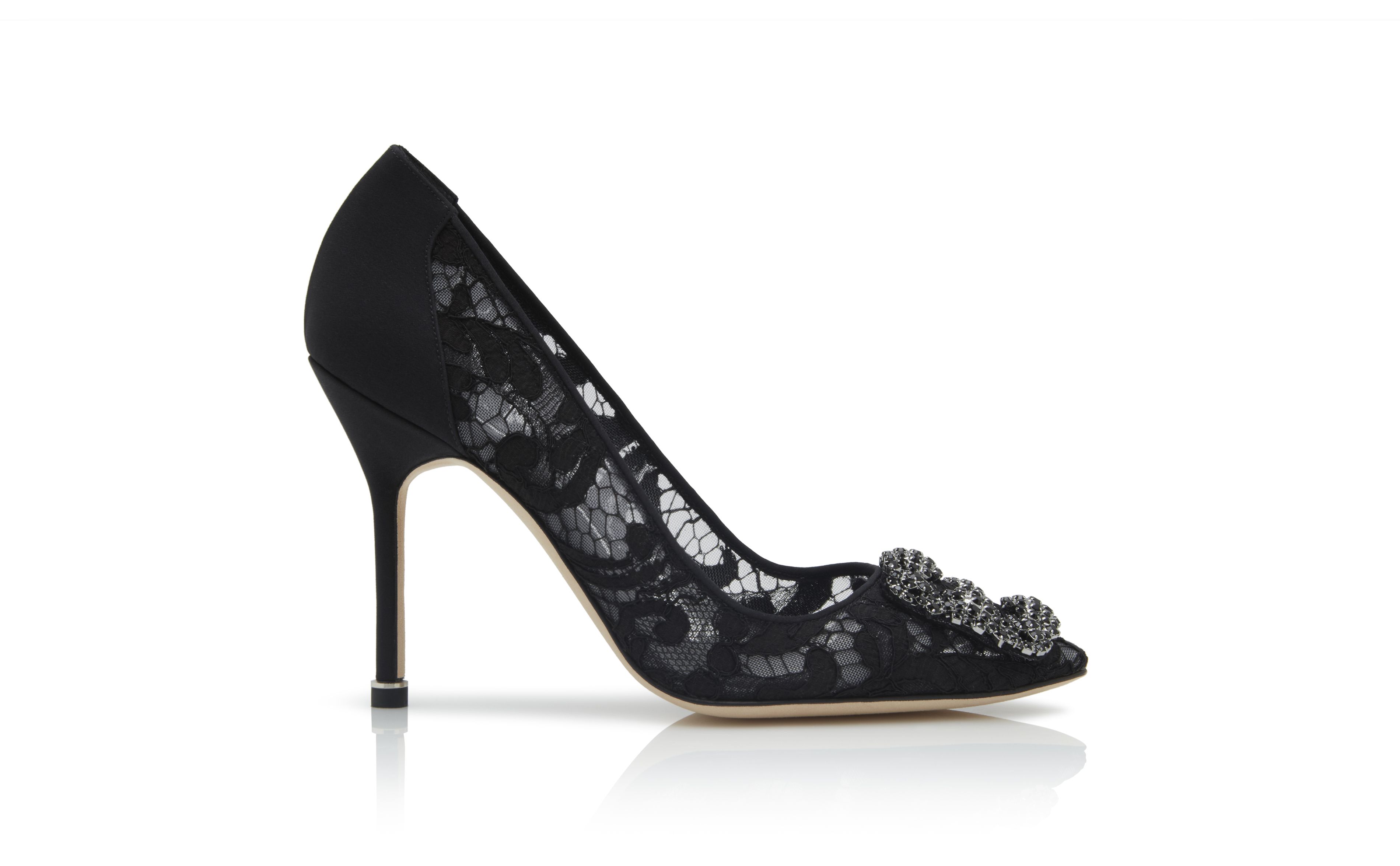 Designer Black Lace Jewel Buckle Pumps - Image Side View