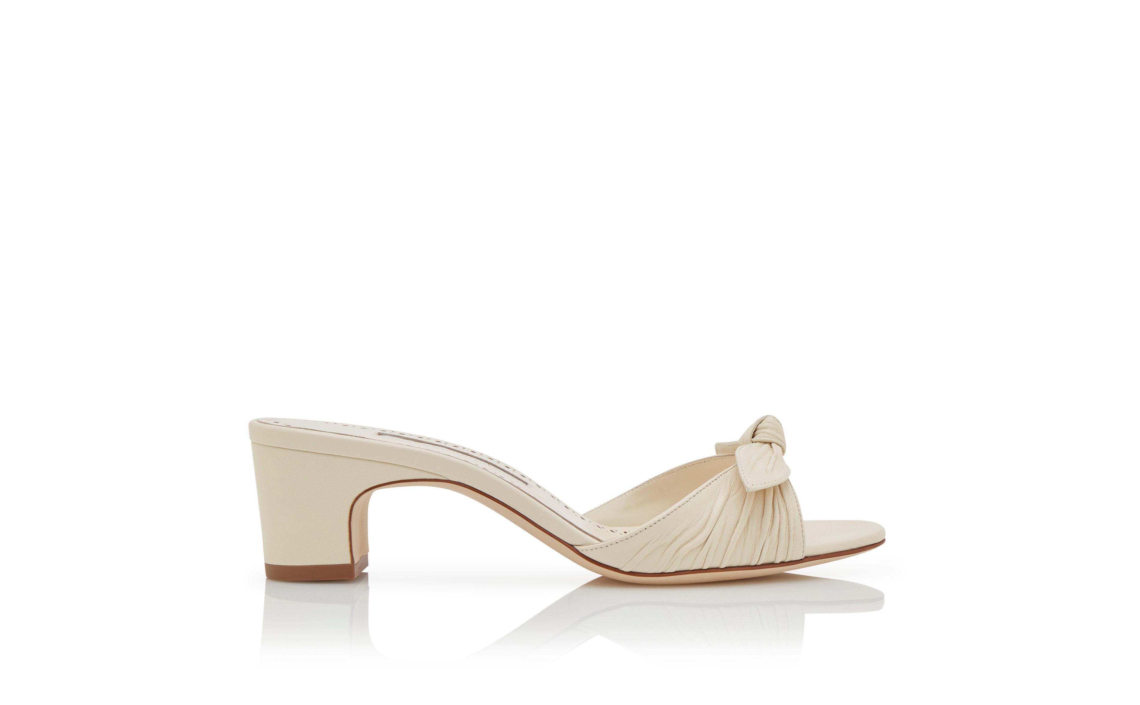 Designer Cream Nappa Leather Bow Detail Mules - Image Side View