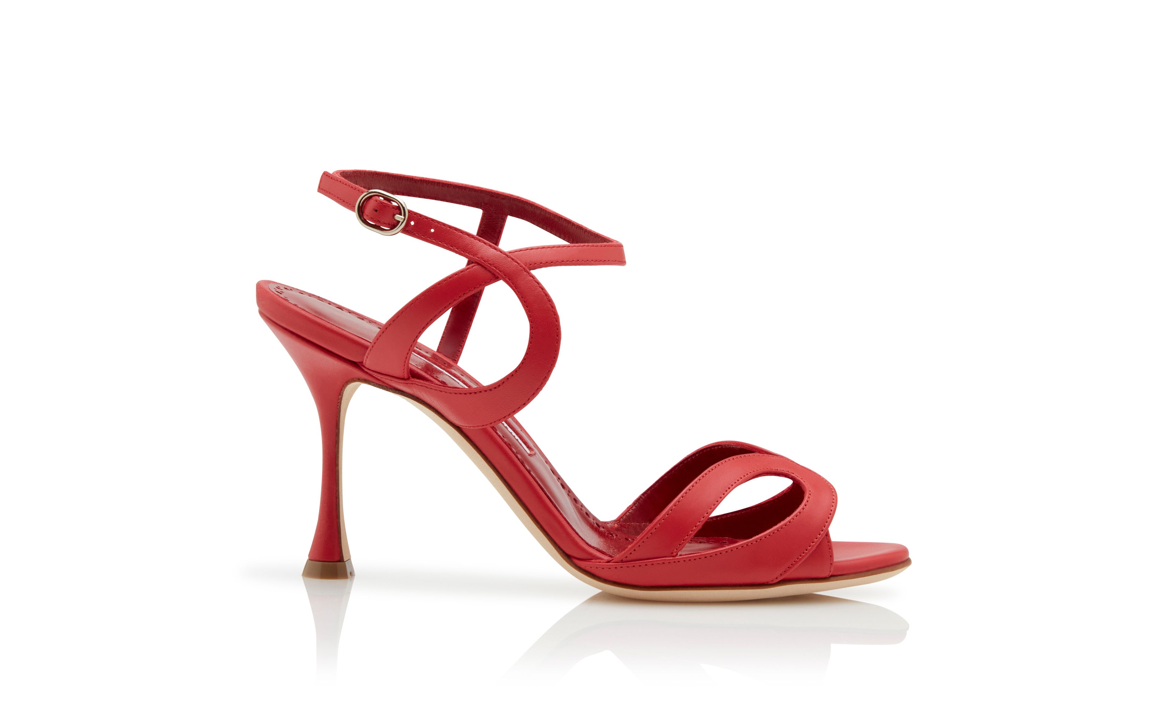 Designer Red Calf Leather Ankle Strap Sandals - Image Side View