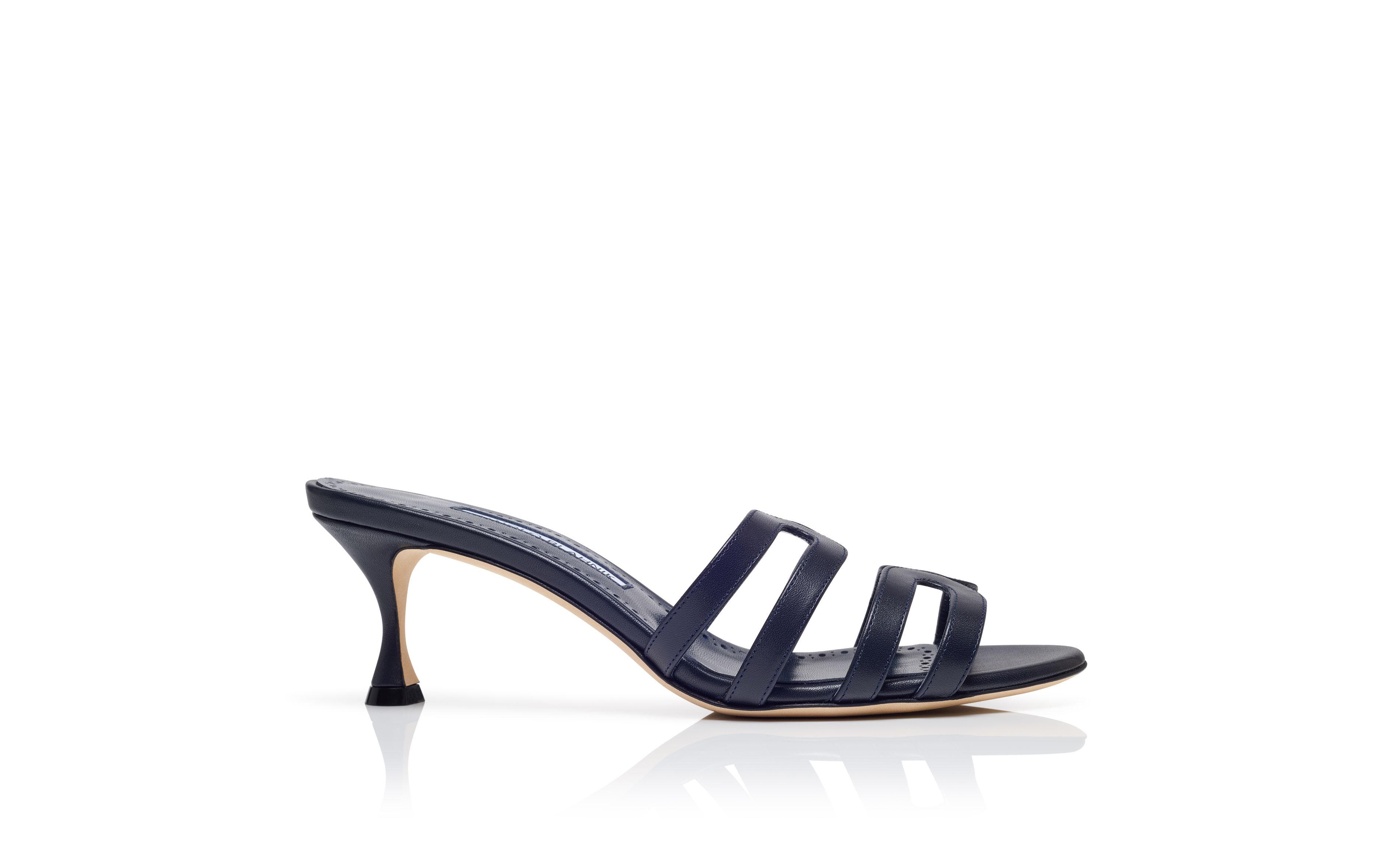 Designer Navy Blue Calf Leather Mules - Image Side View