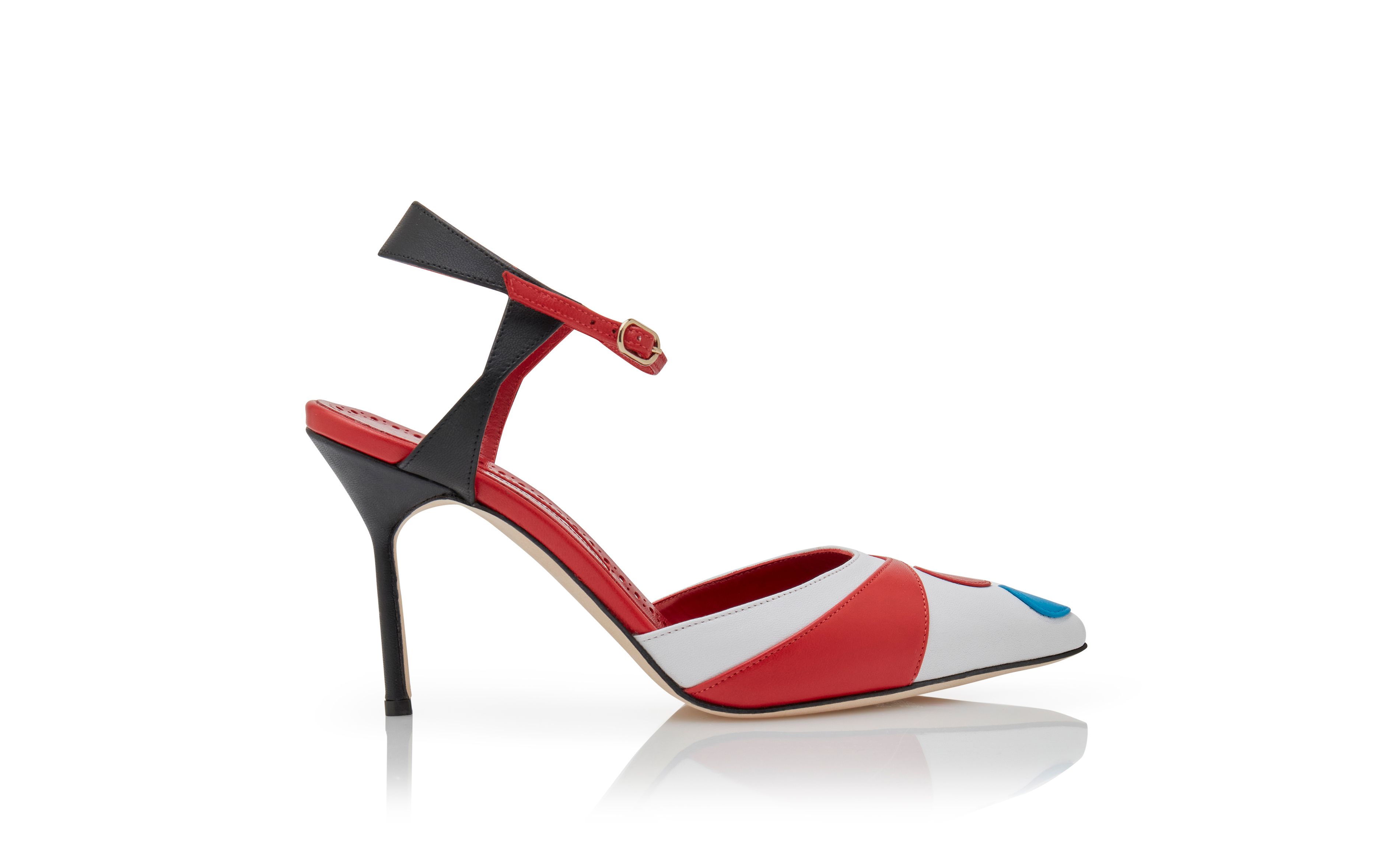 Designer White, Red and Black Nappa Leather Pumps - Image Side View