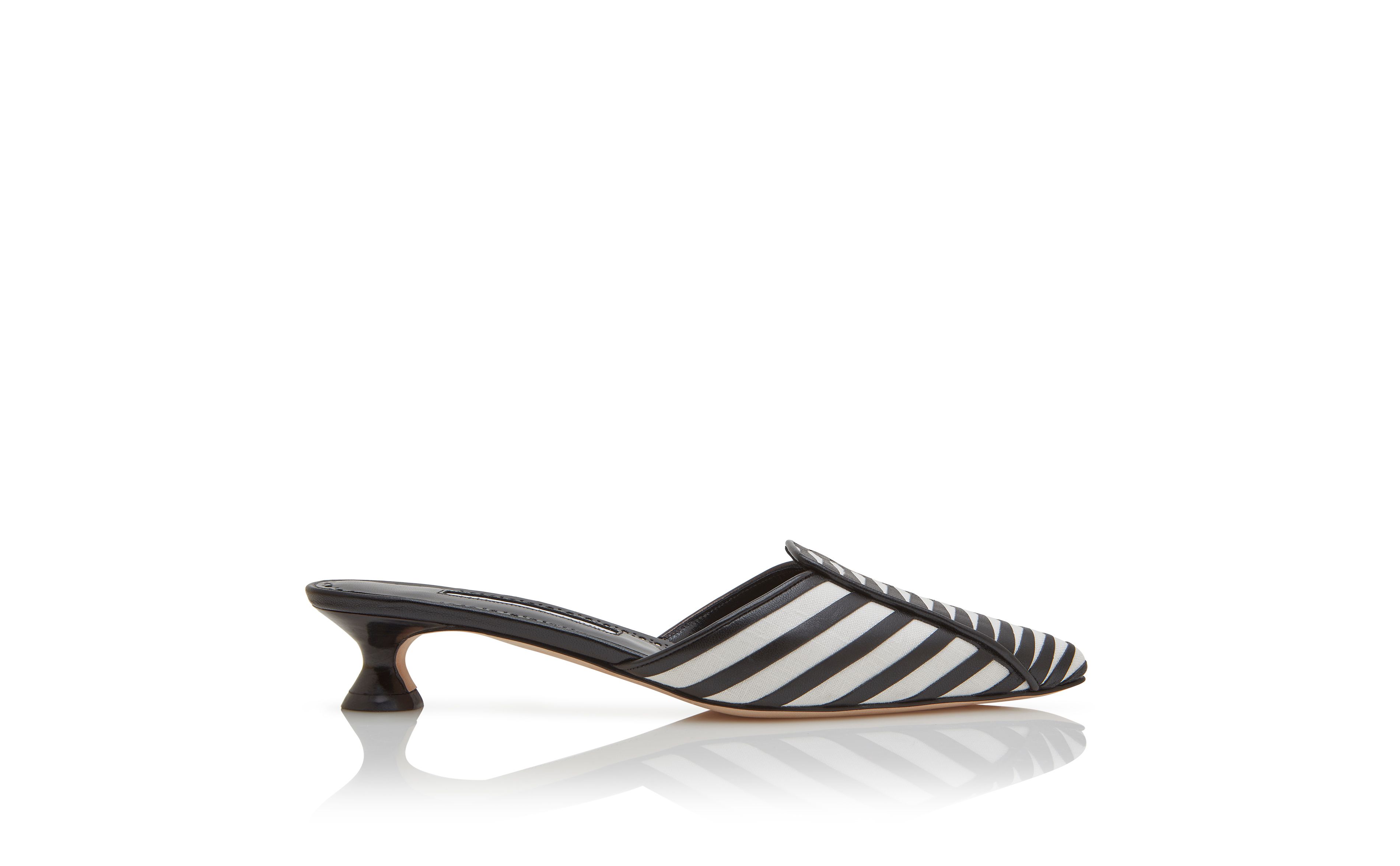 Designer Cream and Black Linen Striped Mules - Image Side View