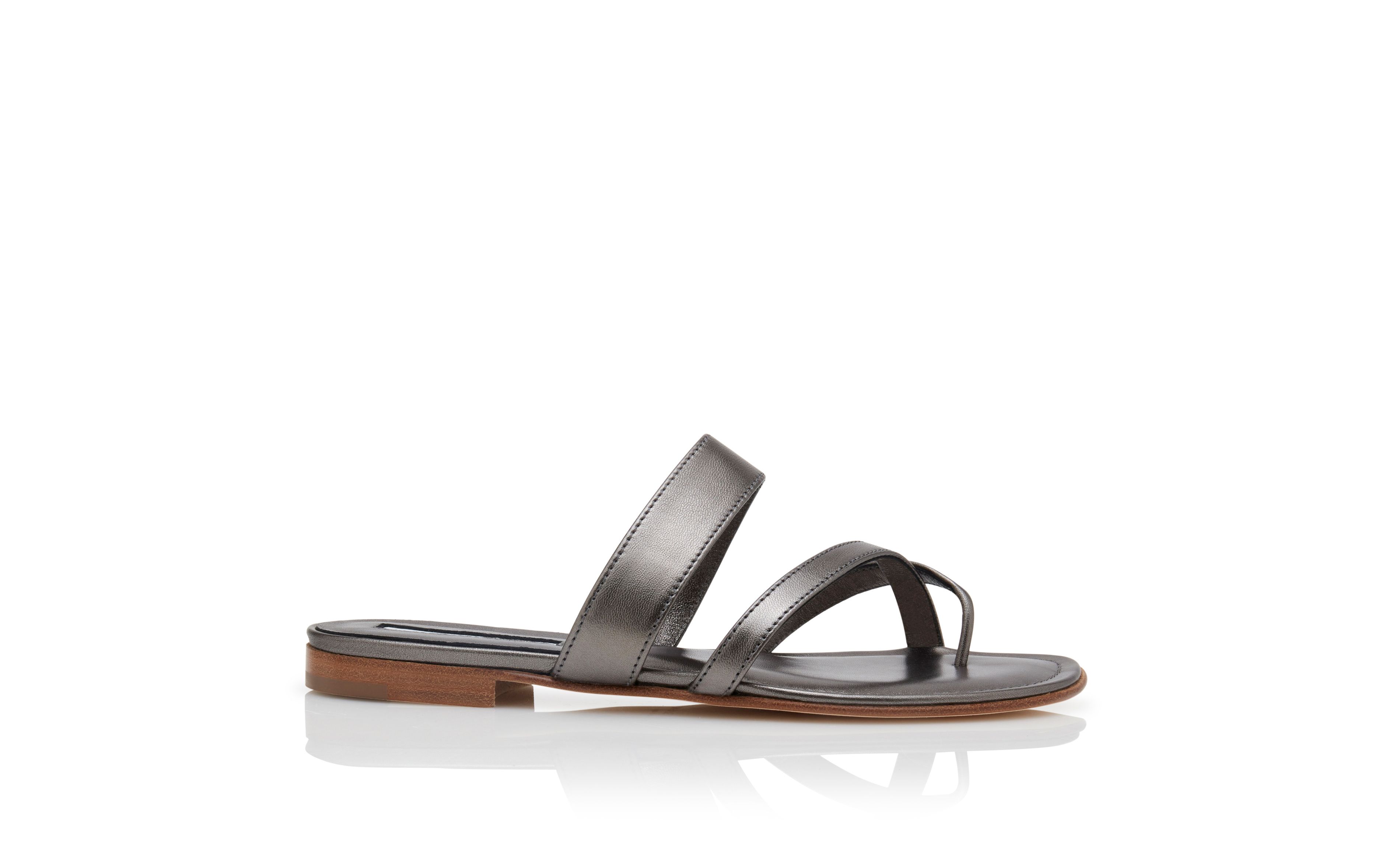 Designer Graphite Nappa Leather Flat Sandals - Image Side View