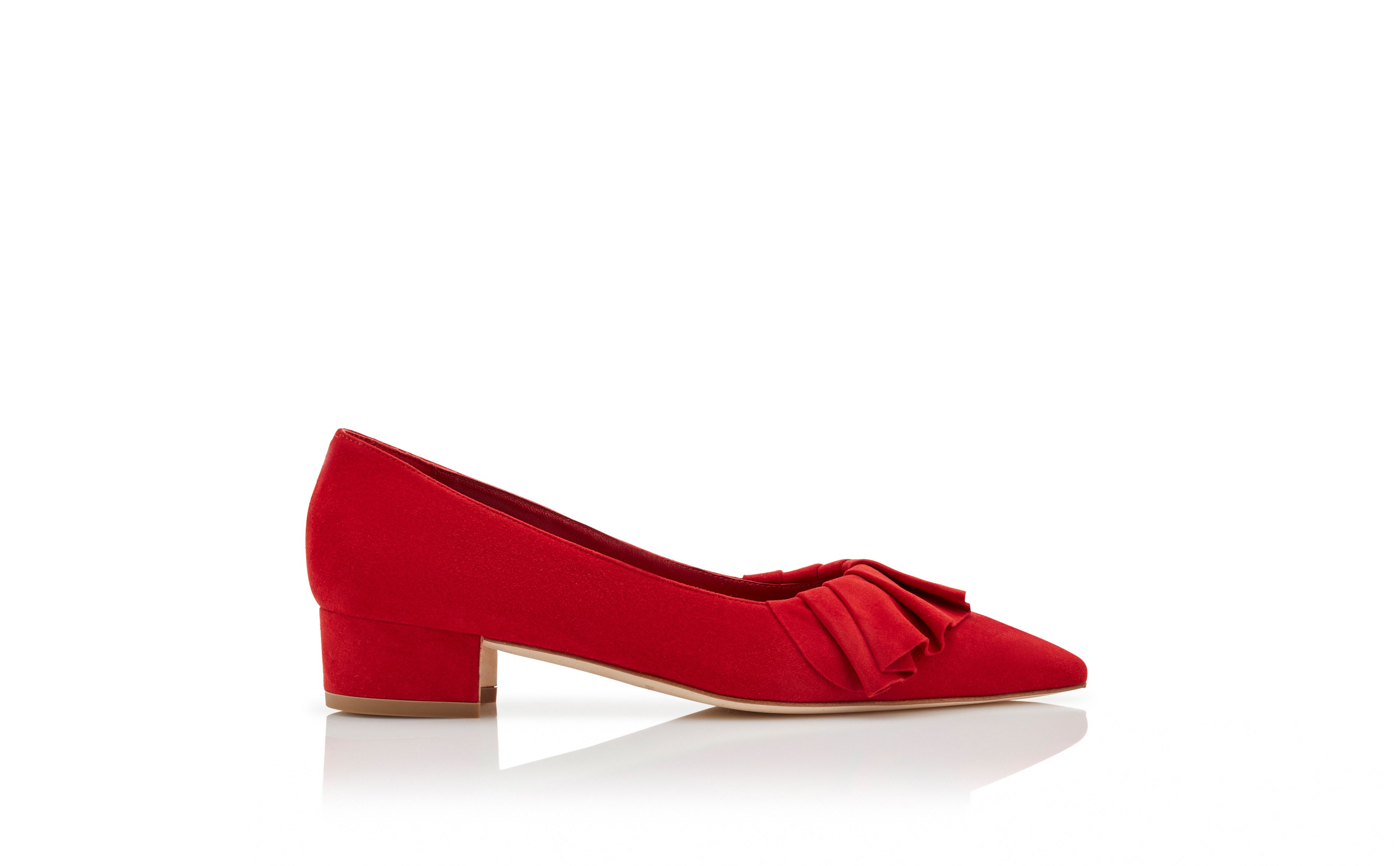 Designer Red Suede Ruffled Pumps - Image Side View